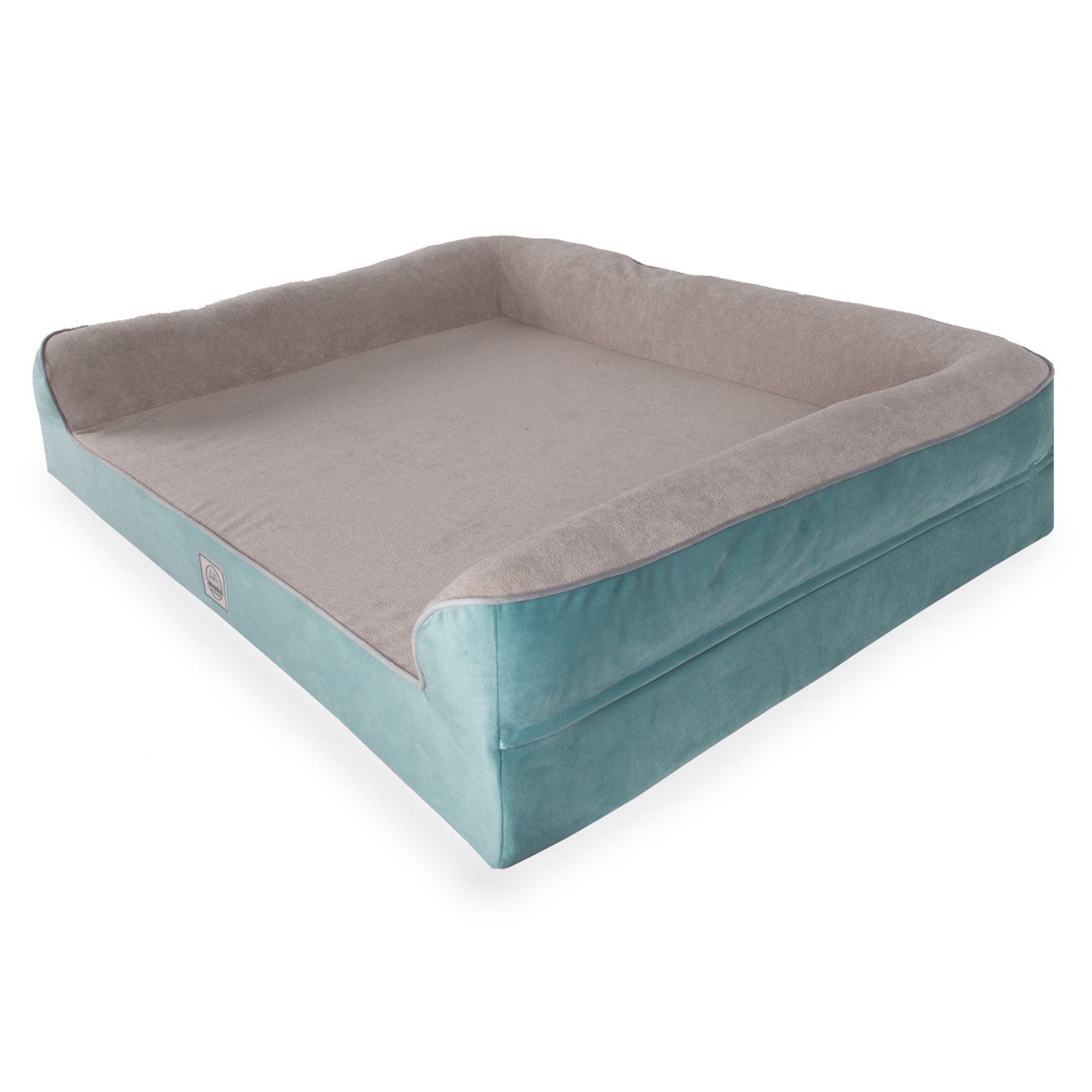Turquoise and beige square pet bed with raised sides and soft fabric cover