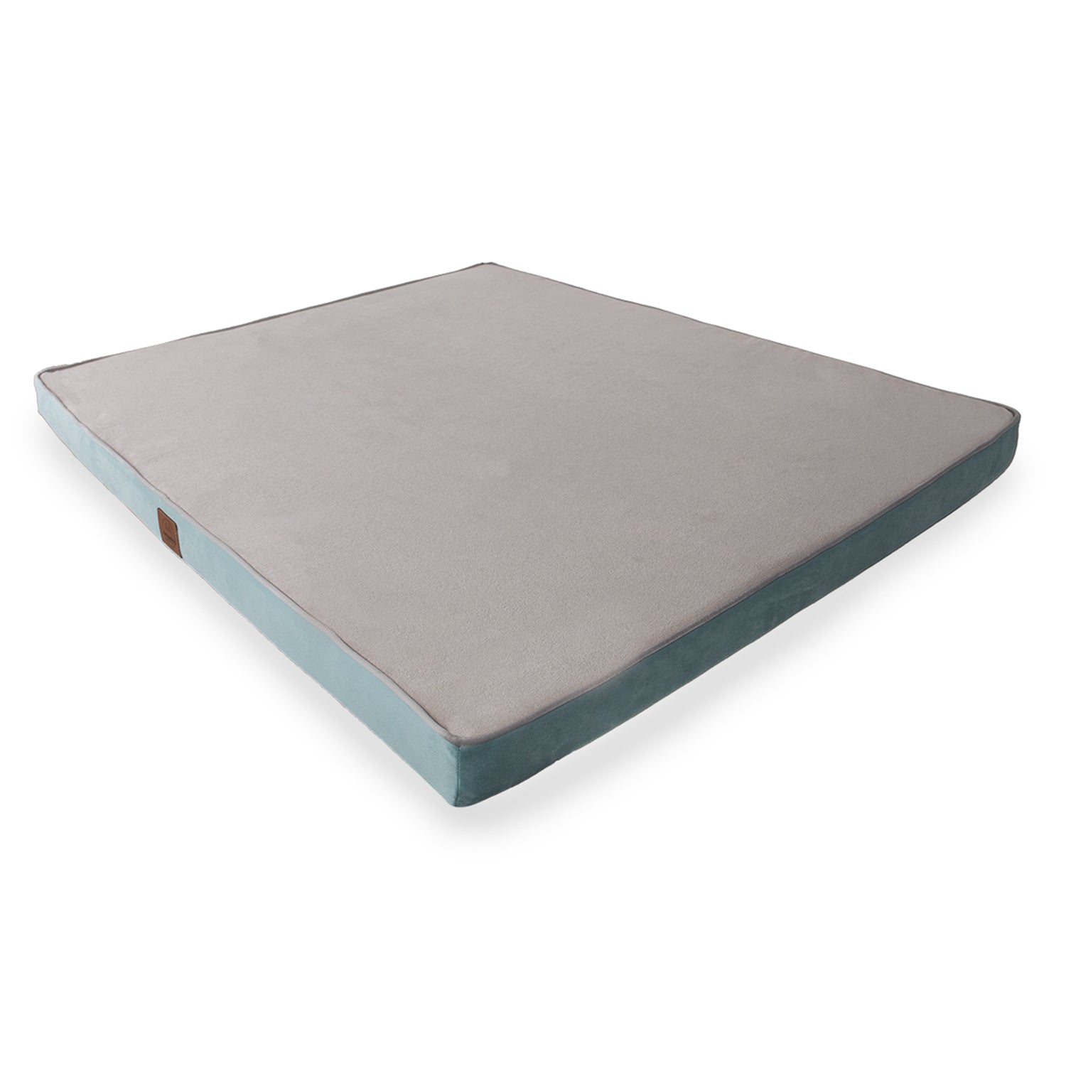 Square turquoise and gray floor cushion with soft fabric cover