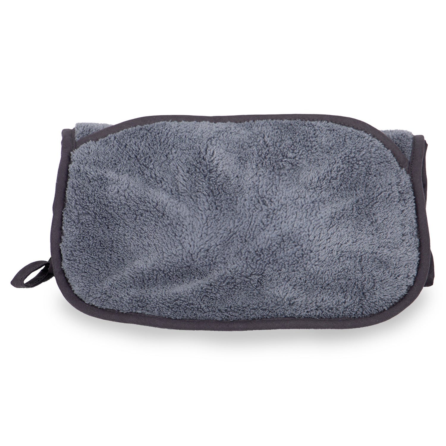Gray microfiber towel with soft, plush texture, folded on a white background