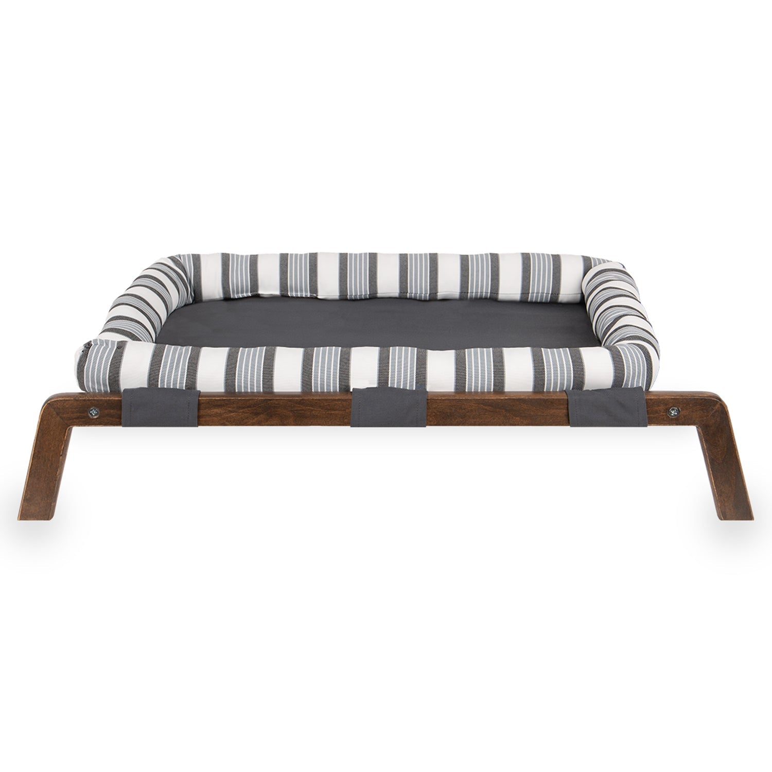 Striped grey and white fabric pet bed with wooden frame, modern elevated design