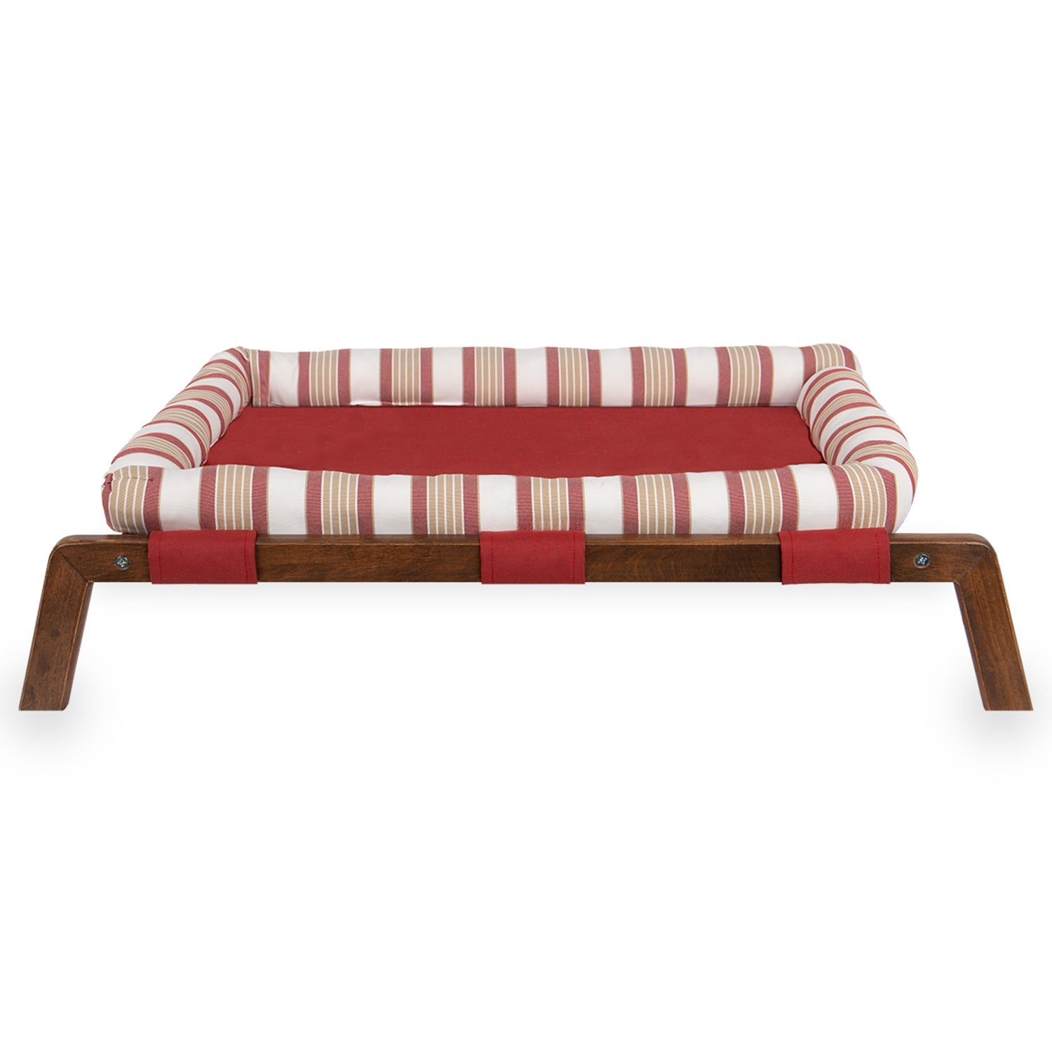 Red striped fabric hammock bed with wooden frame on white background