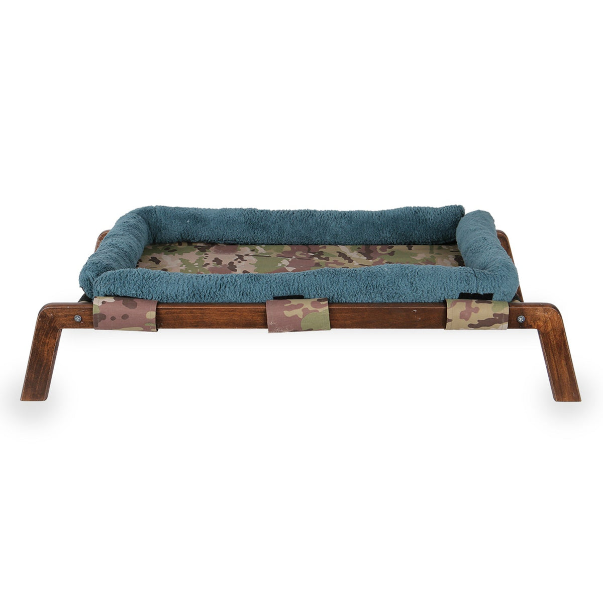 Elevated wooden pet bed with camouflage fabric base and blue plush border