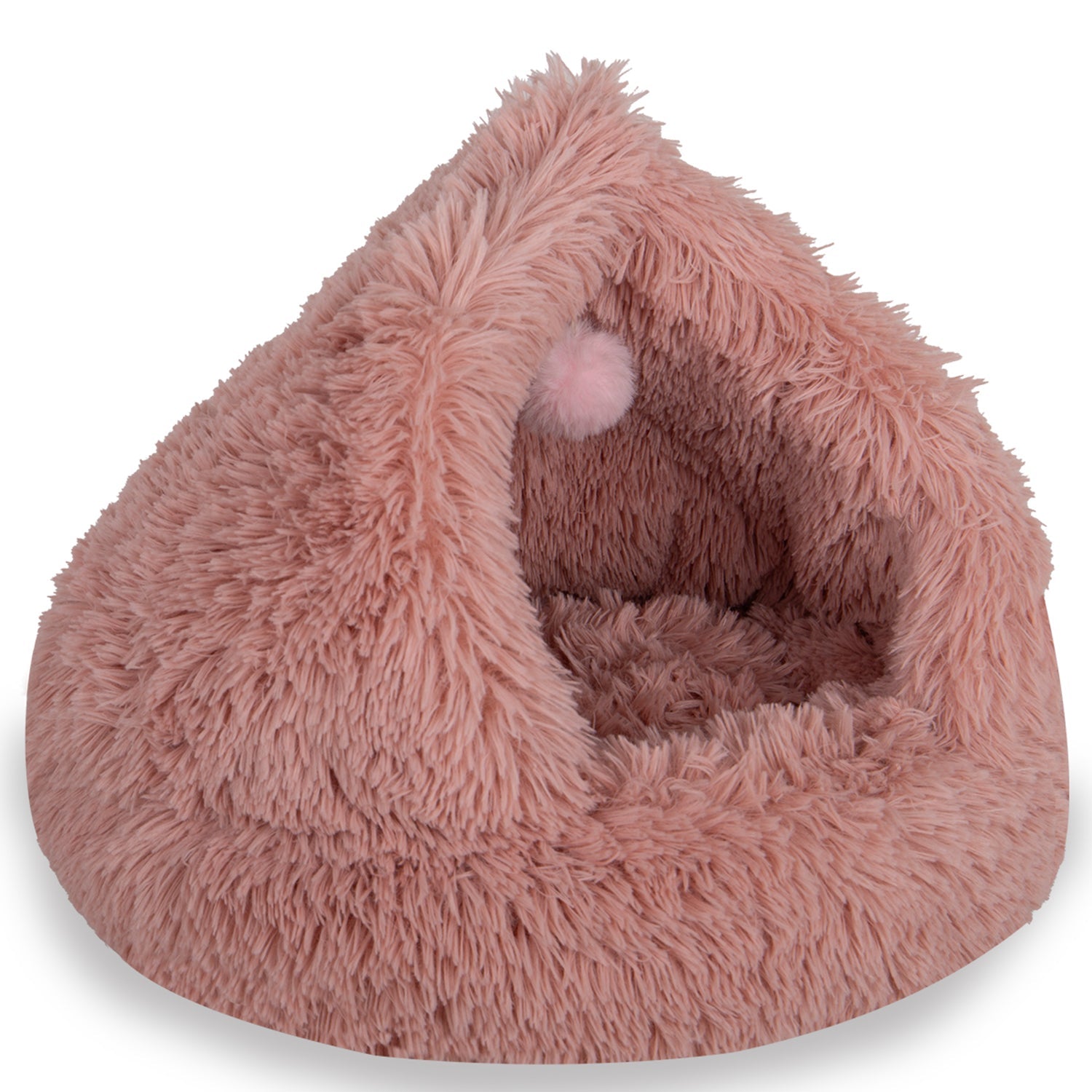 Pink fluffy pet cave bed with dome shape and pompom inside