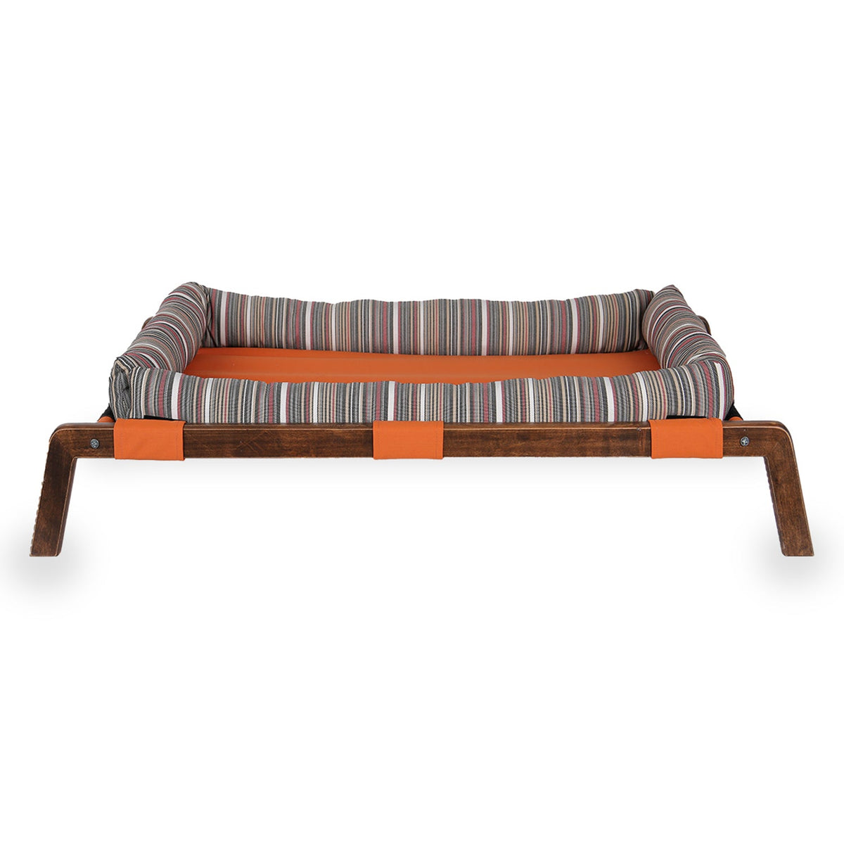 Striped fabric hammock with orange cushion and wooden frame on white background