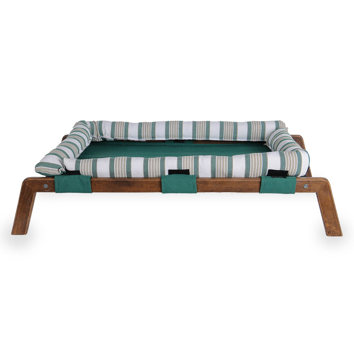 Green striped fabric hammock bed with wooden frame, modern indoor home textile decor