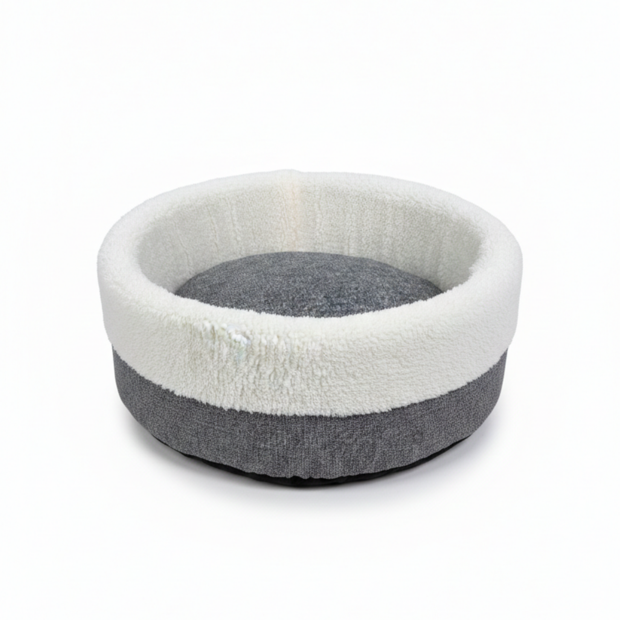 Round gray and white plush pet bed with soft fleece lining on white background