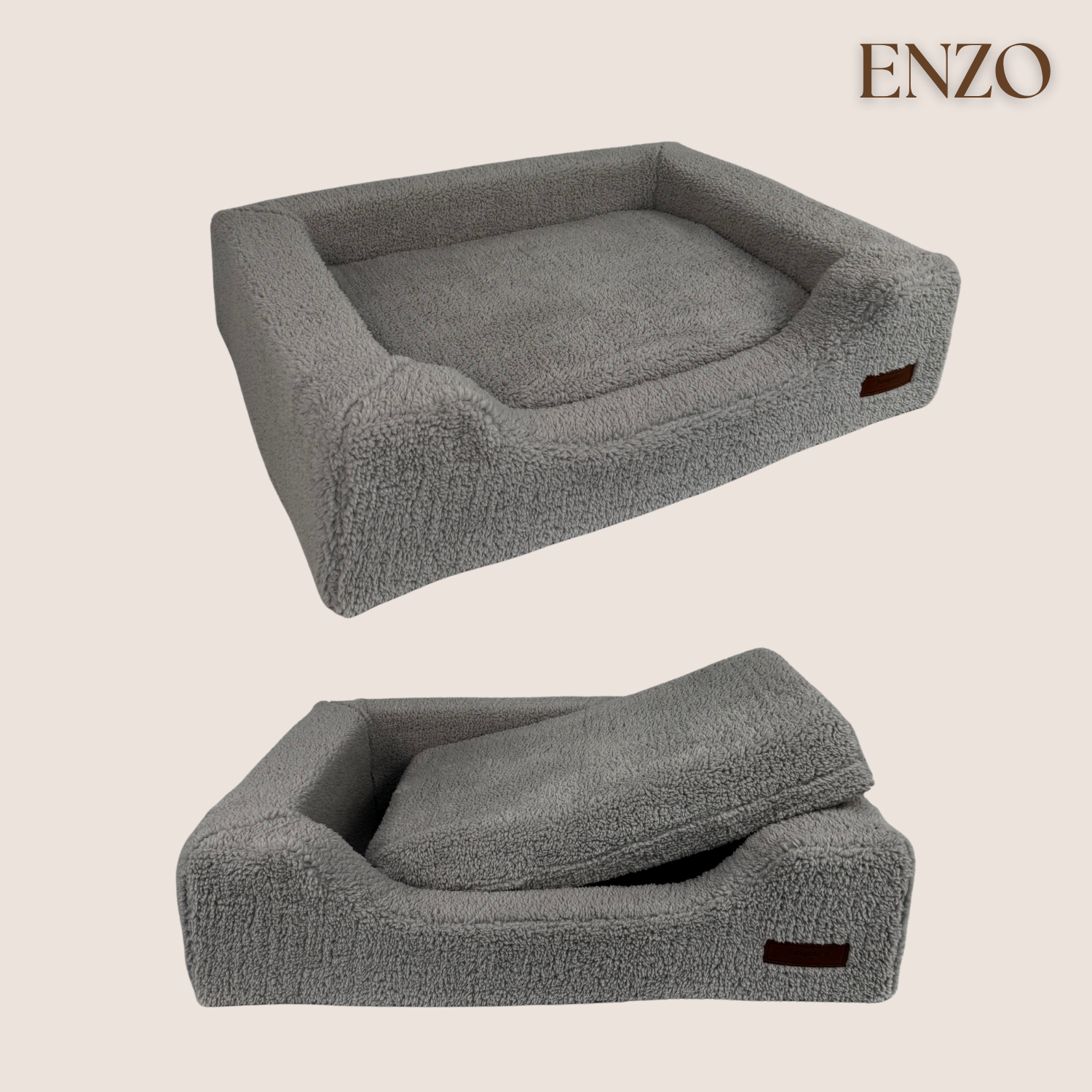 Grey rectangular textured pet bed with removable cushion, soft fleece fabric, and raised sides.