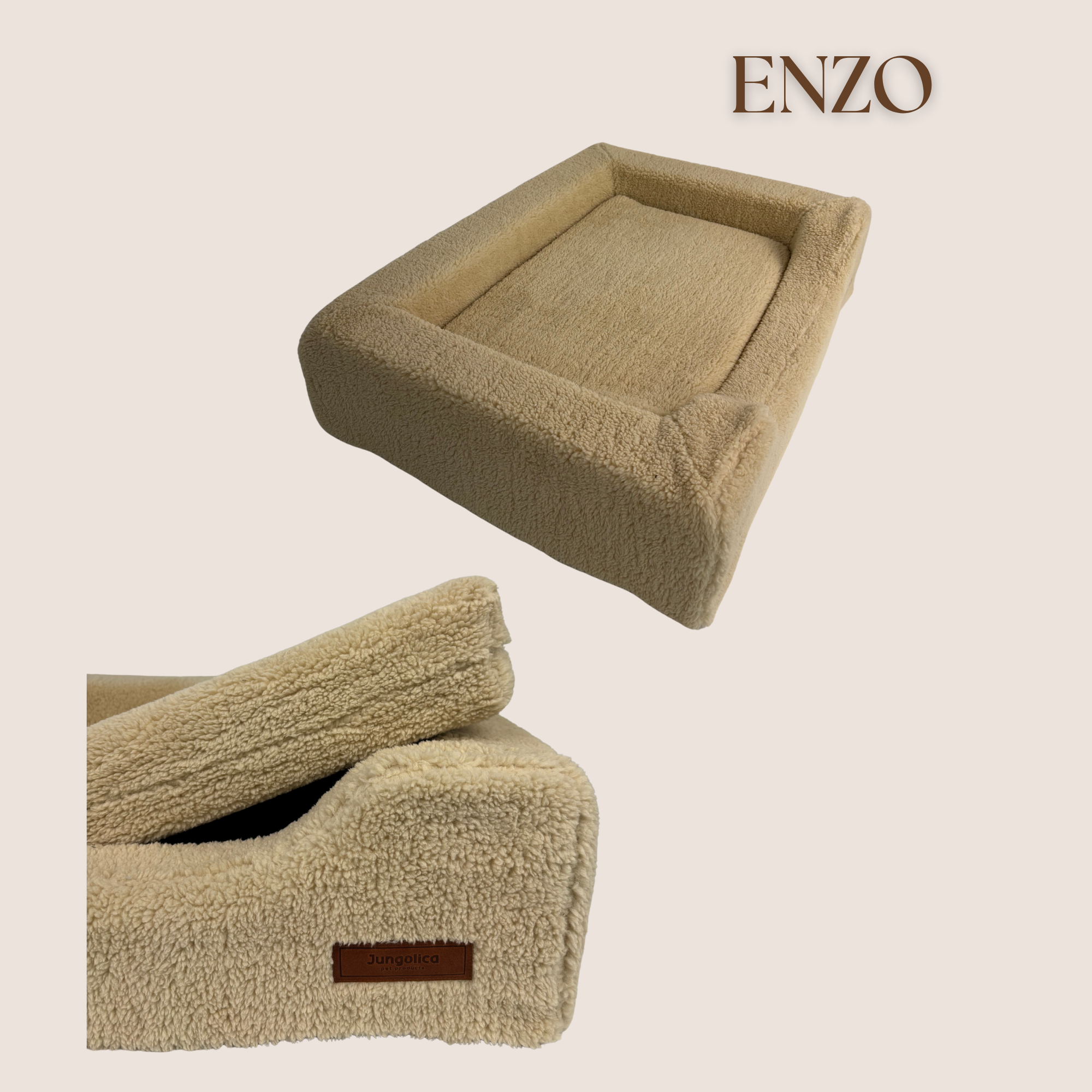Beige rectangular sherpa pet bed with raised sides and soft texture, labeled Enzo.