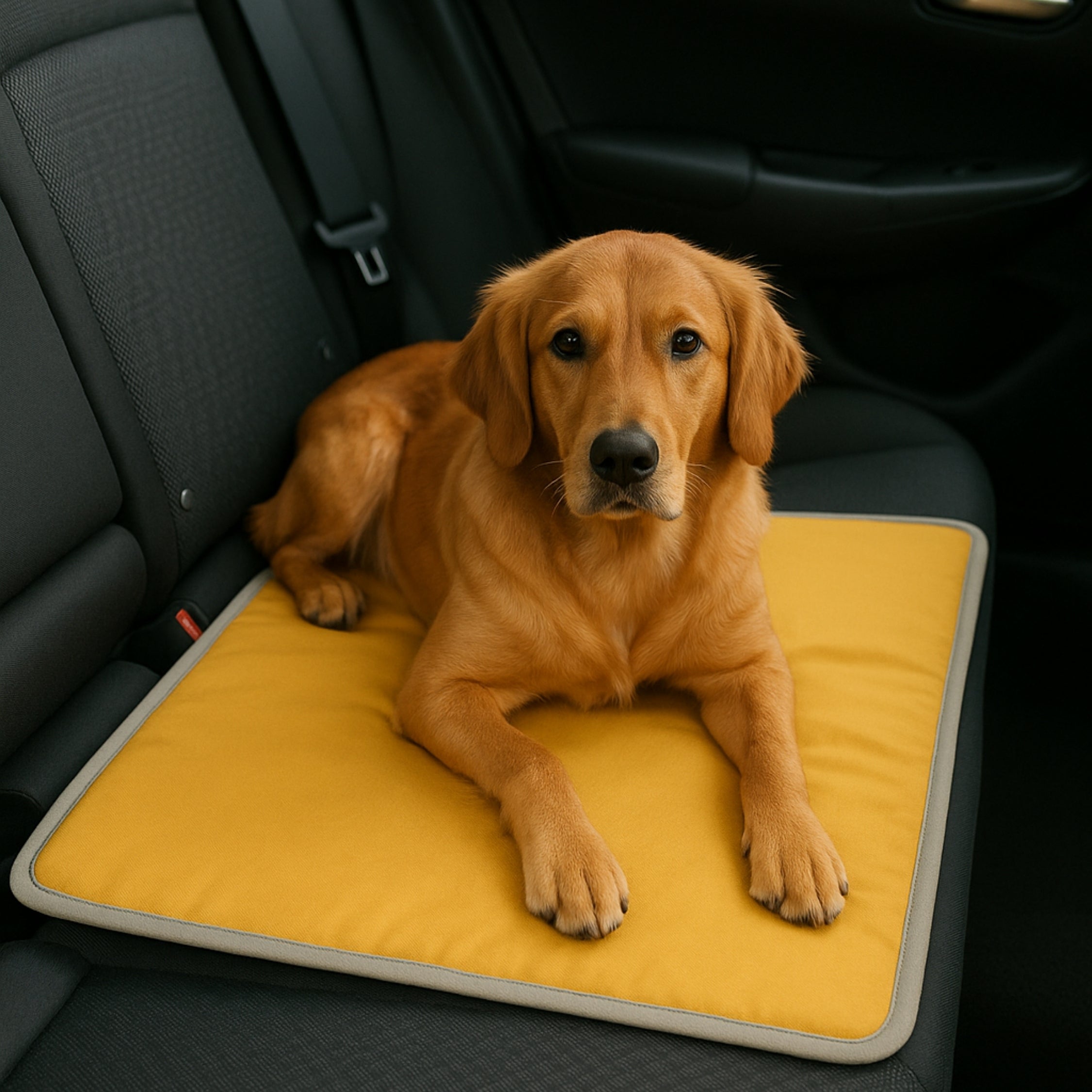 Golden retriever lying on yellow pet car seat cover in backseat