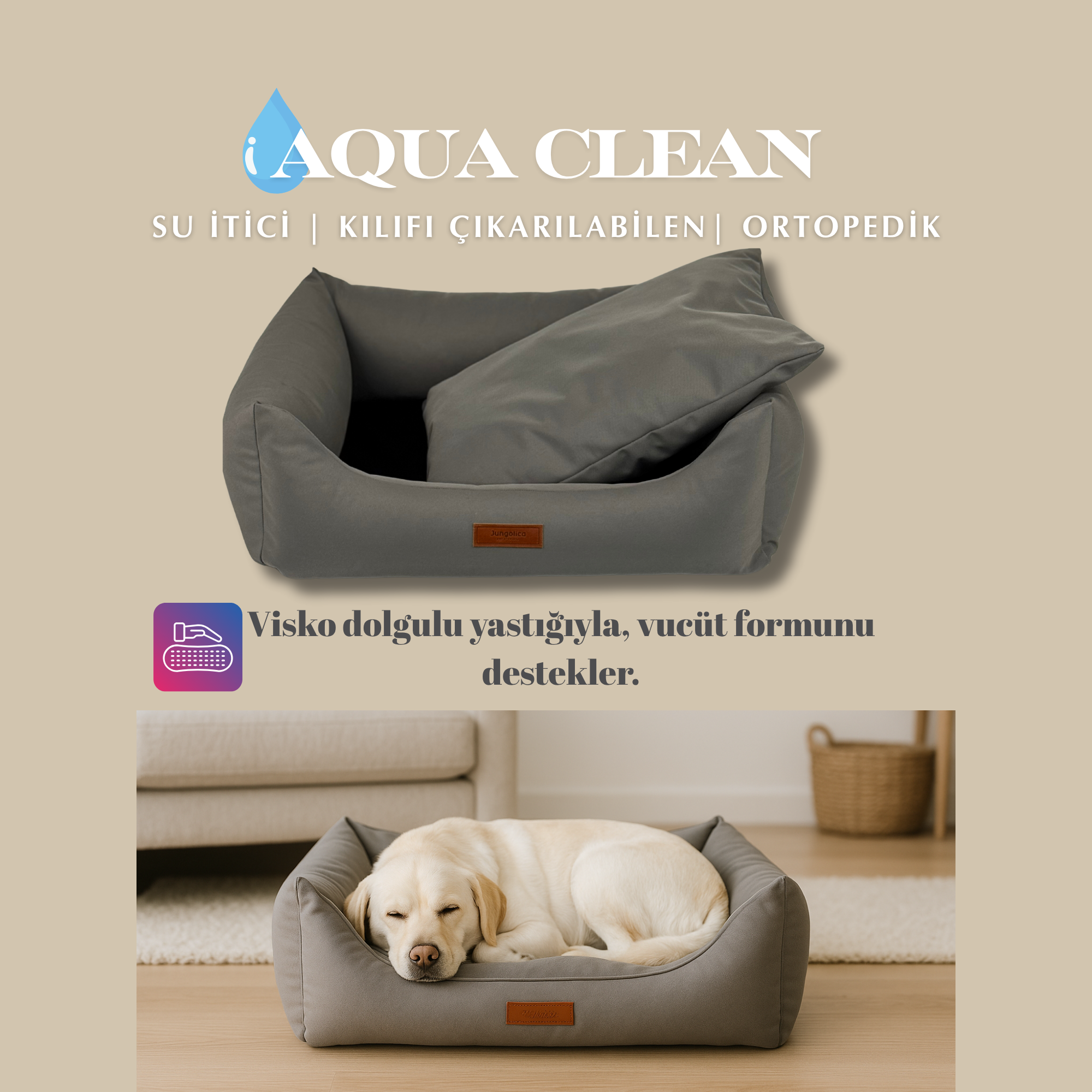 Aqua Clean, Su İtici Kumaş, Ortopedik, Kılıfı Çıkarılabilir, Kaymaz Tabanlı Kedi ve Köpek Yatağı