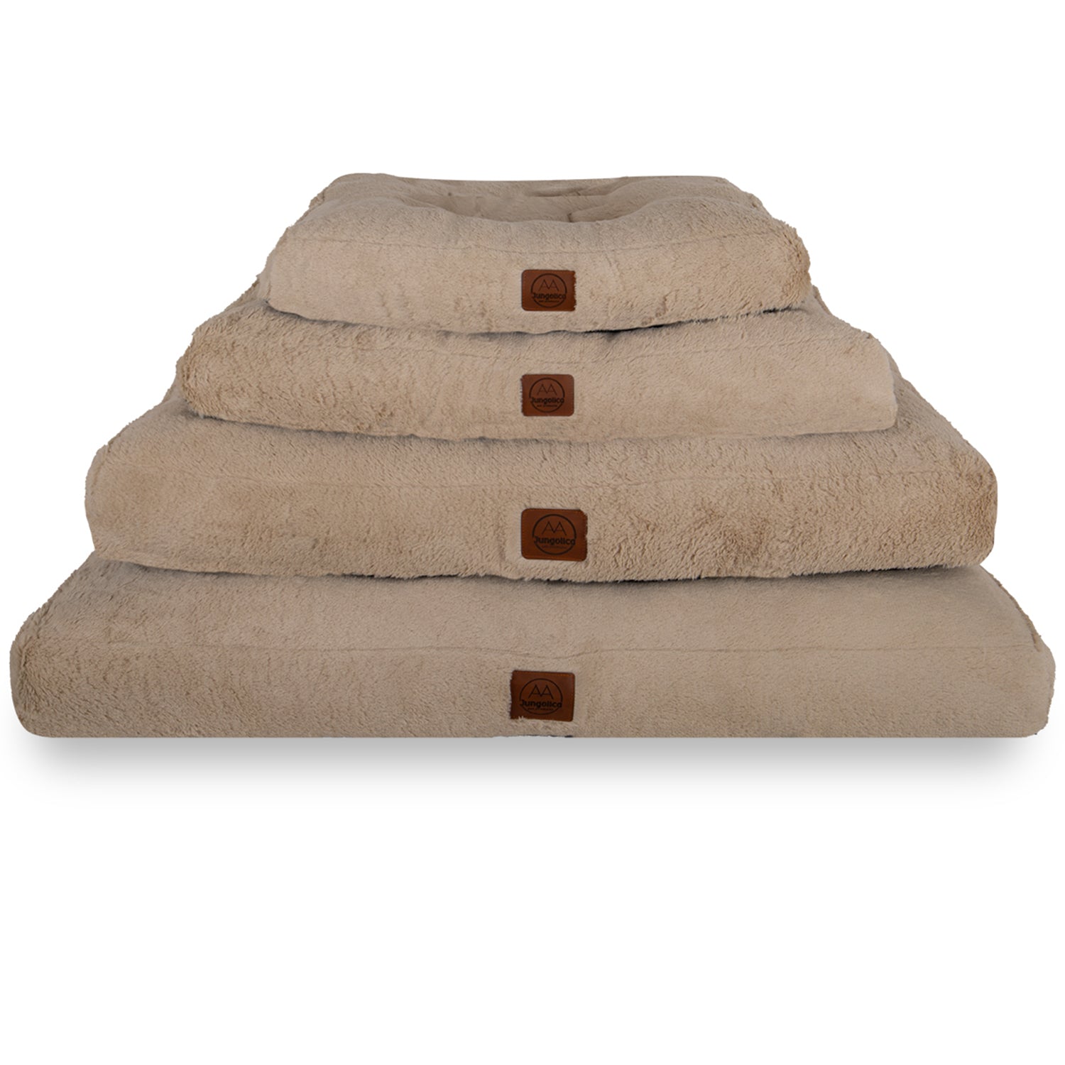 Stacked beige plush pet beds in four sizes on white background