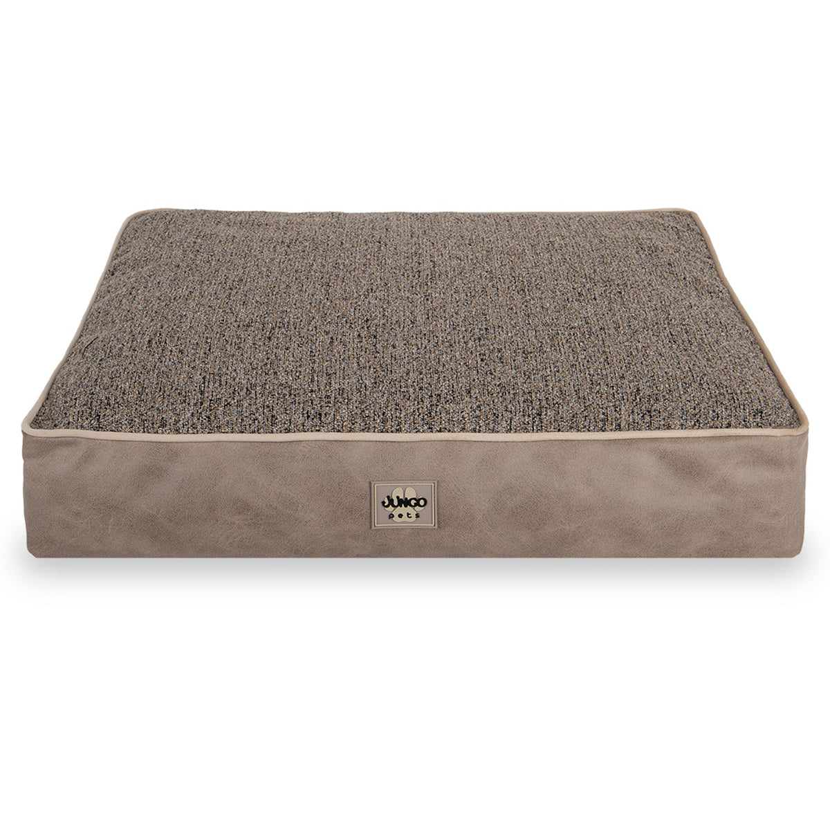 Rectangular taupe pet bed with textured grey cushion and label on front, isolated on white