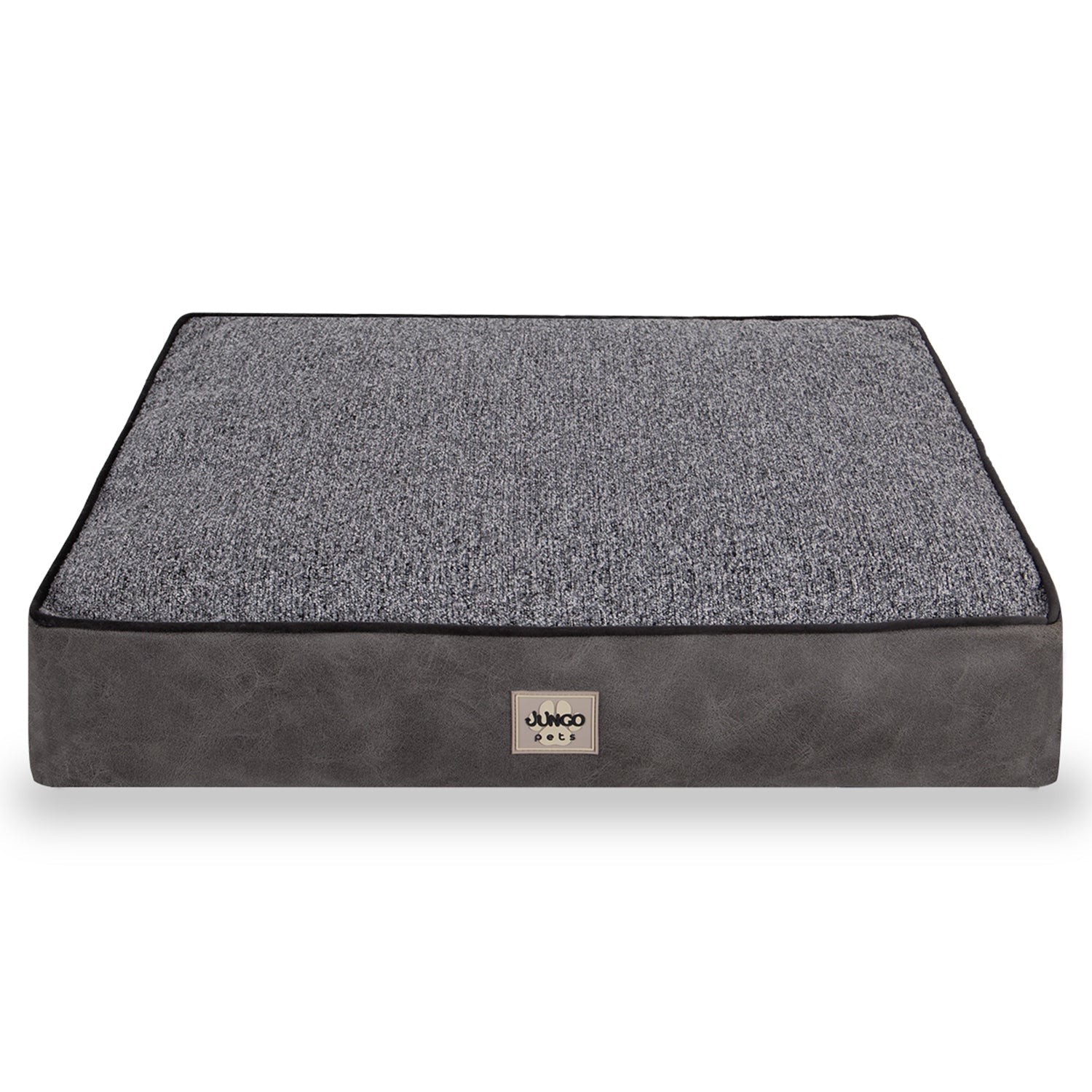 Rectangular grey orthopedic pet bed with textured fabric and Jungo Pets label on the front
