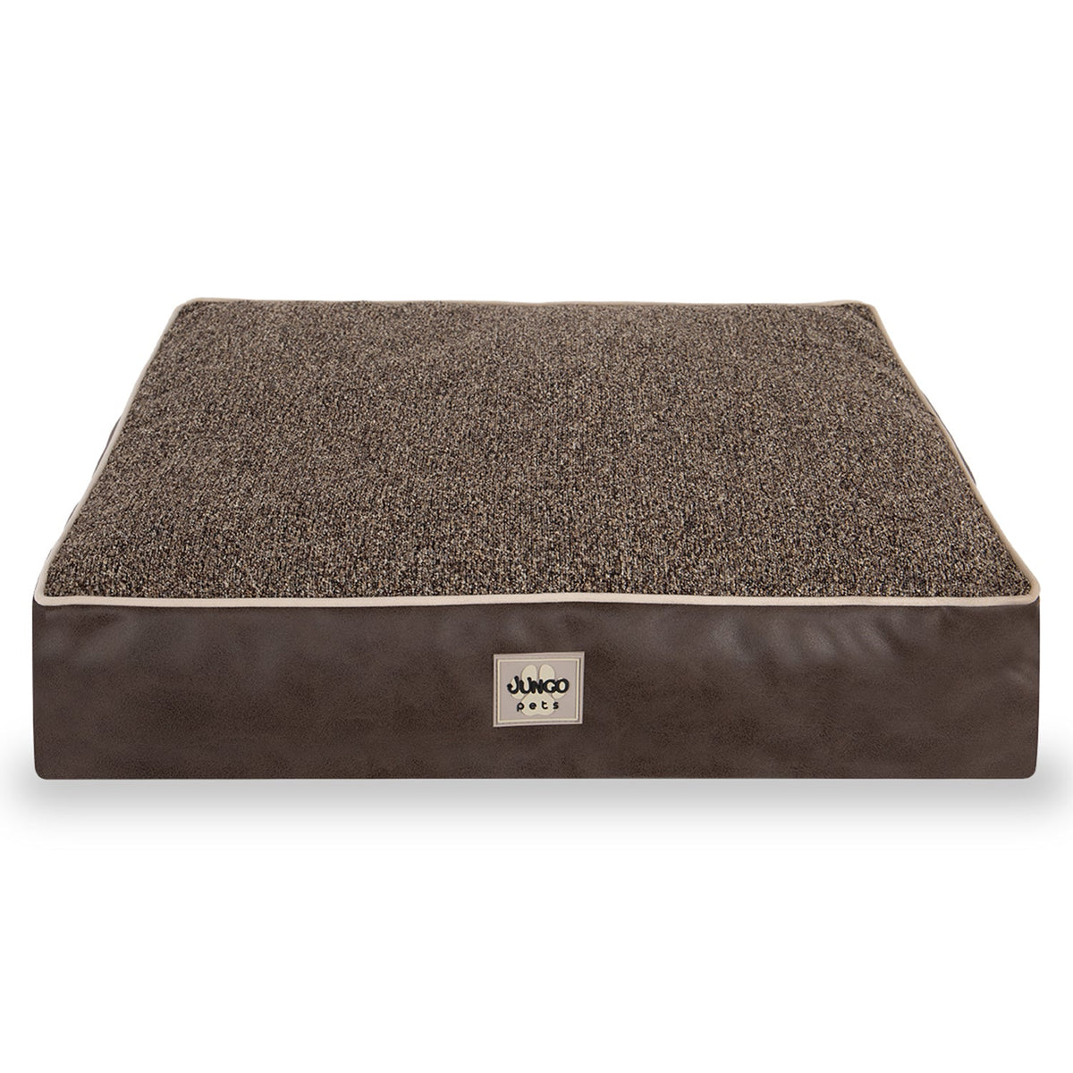 Brown rectangular orthopedic pet bed with textured top and faux leather sides