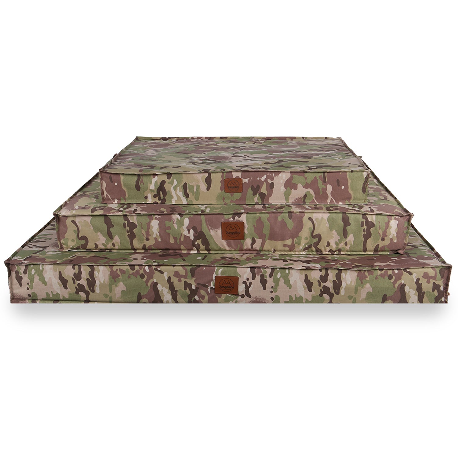 Stack of three rectangular camouflage fabric cushions in different sizes, on white background