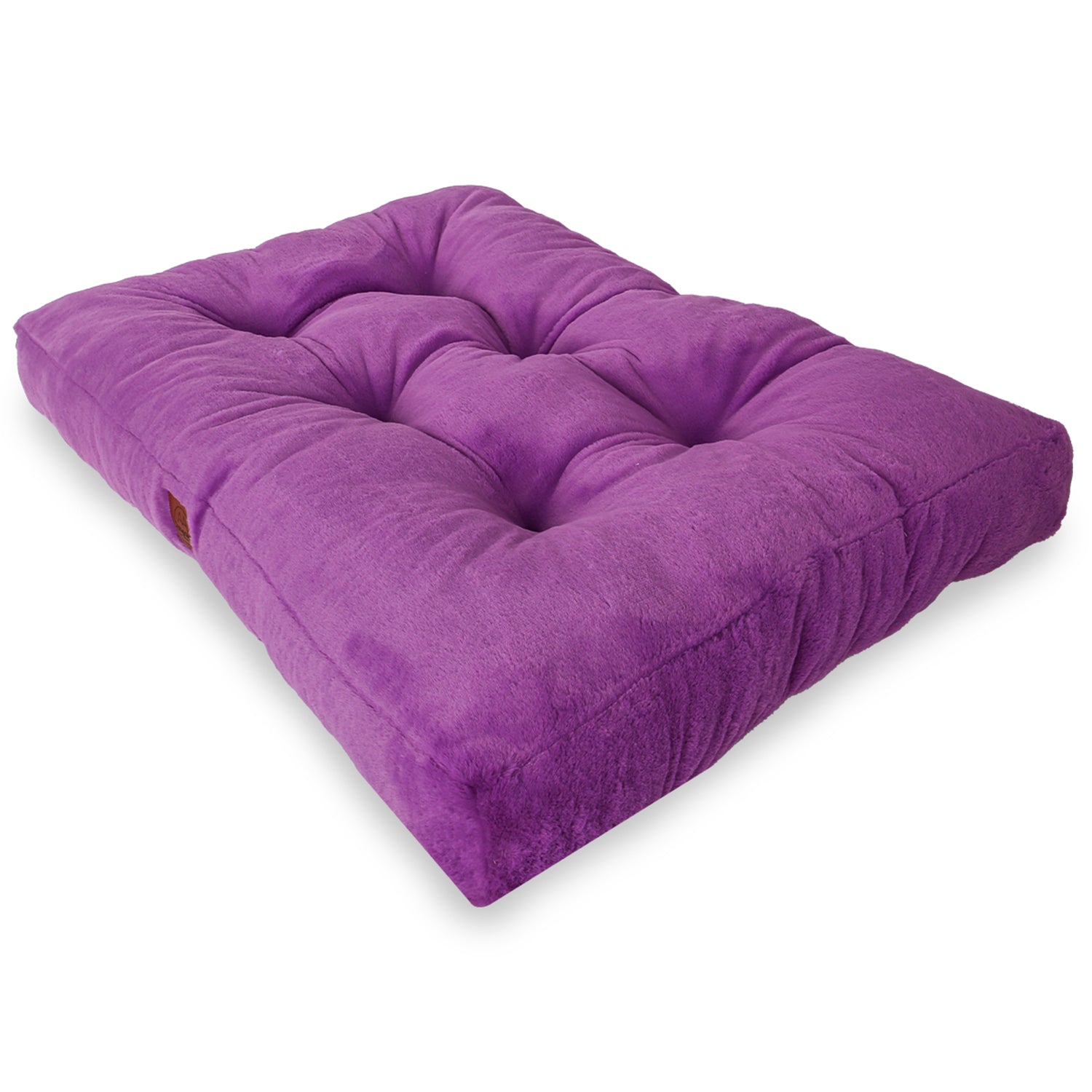 Plush purple floor cushion with tufted design on a white background