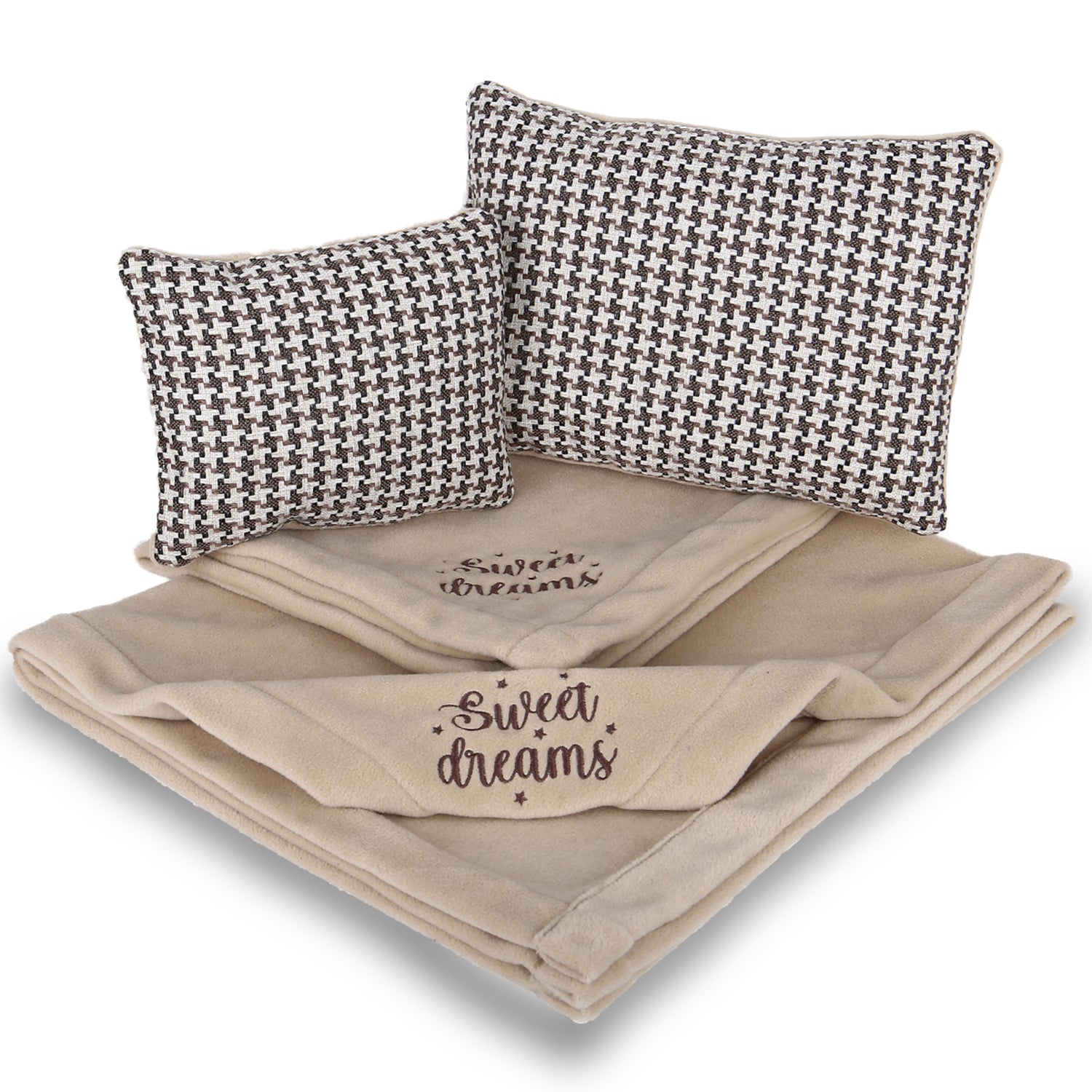 Set of two houndstooth pillows and beige fleece blankets with 'Sweet dreams' text.