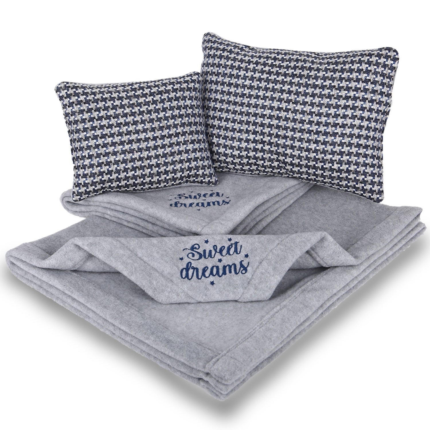 Set of two houndstooth pillows and two grey fleece blankets with 'Sweet dreams' embroidery