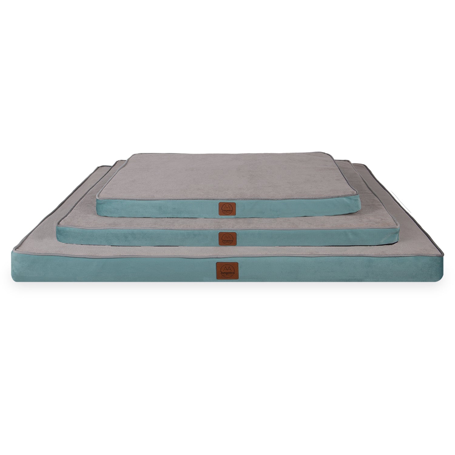Stack of turquoise and gray square cushions in multiple sizes, textile product display