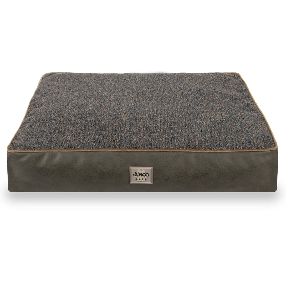 Square green and gray textured pet bed with fabric label on front