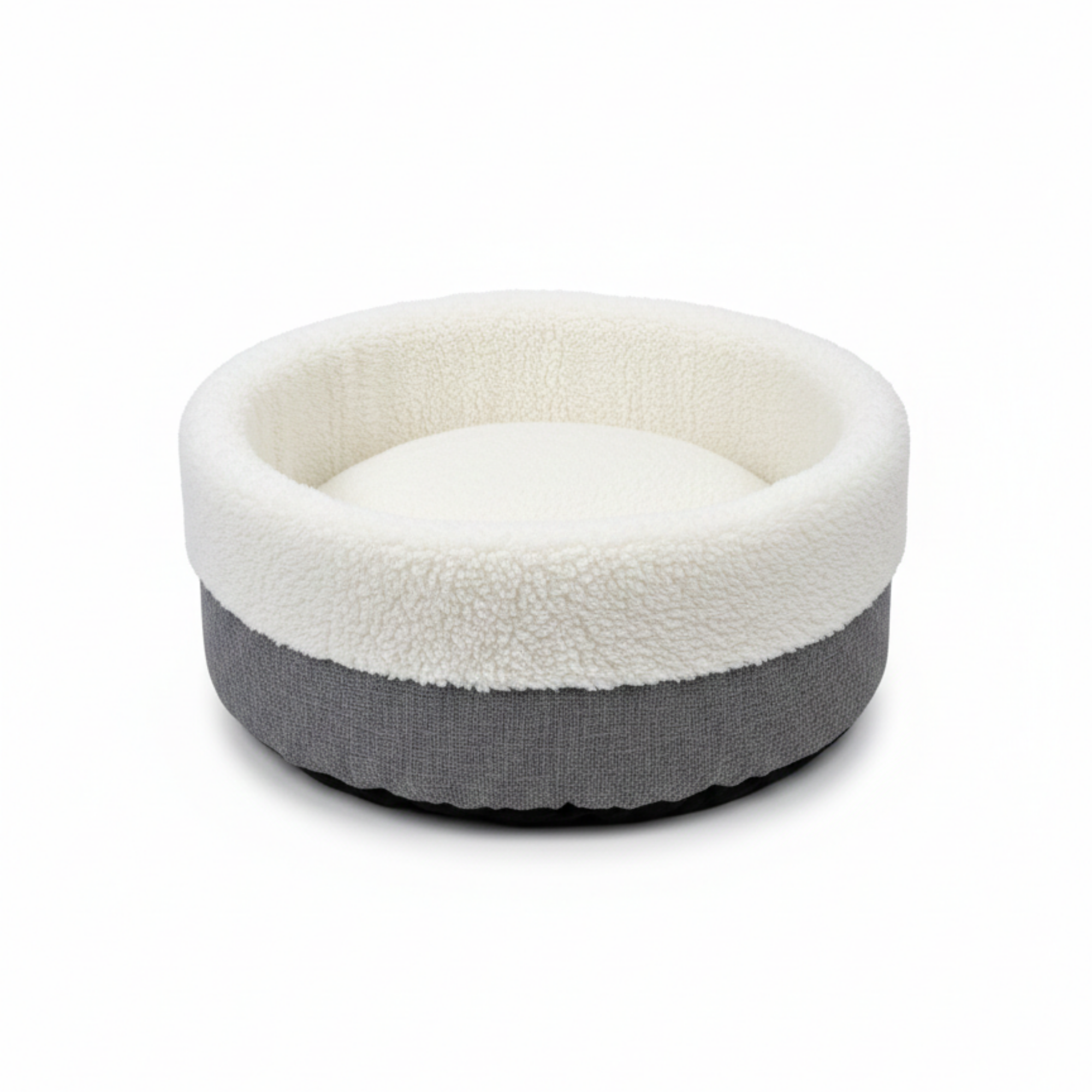 Round cozy pet bed with soft white fleece and gray textured exterior