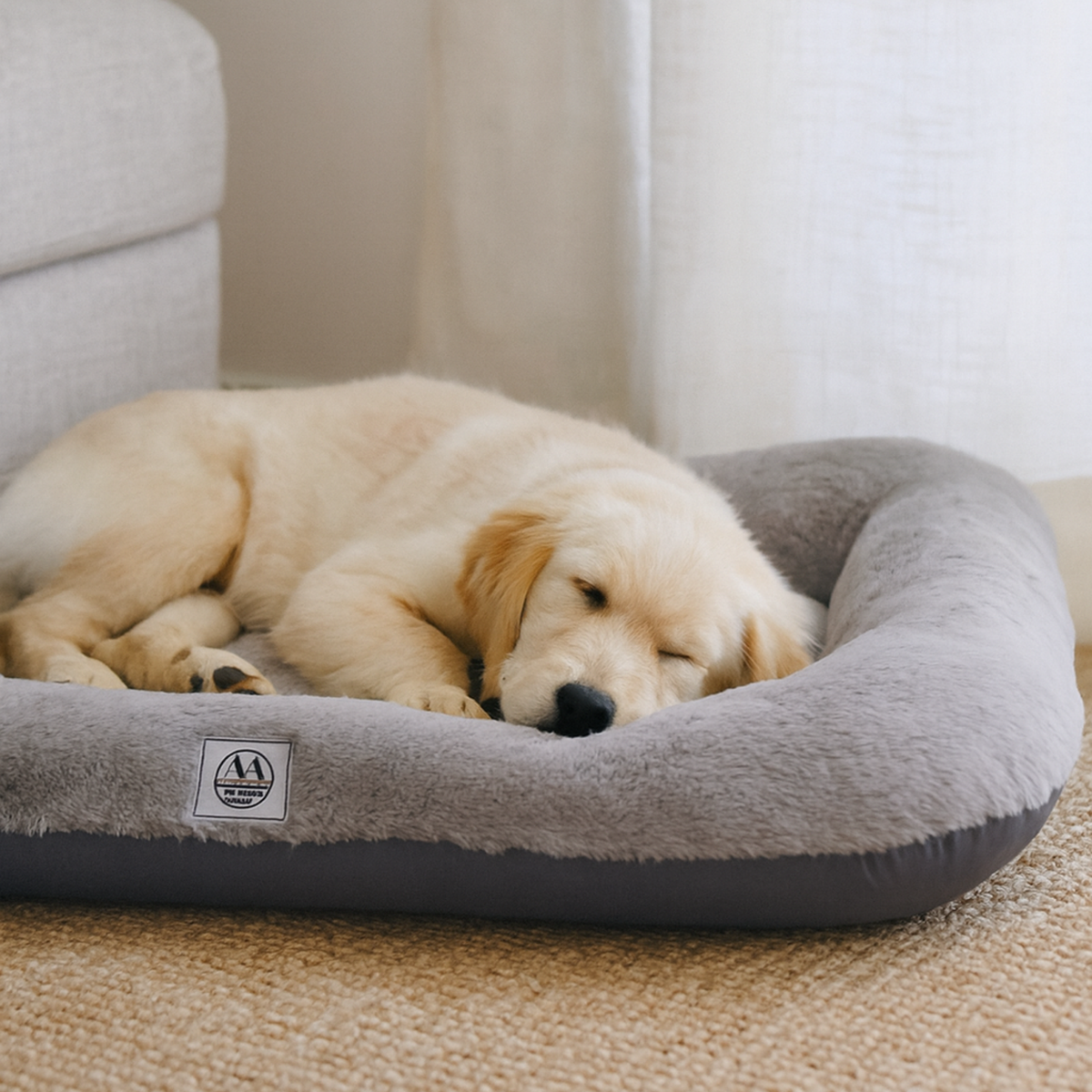Golden retriever puppy sleeping on a plush grey pet bed indoors
