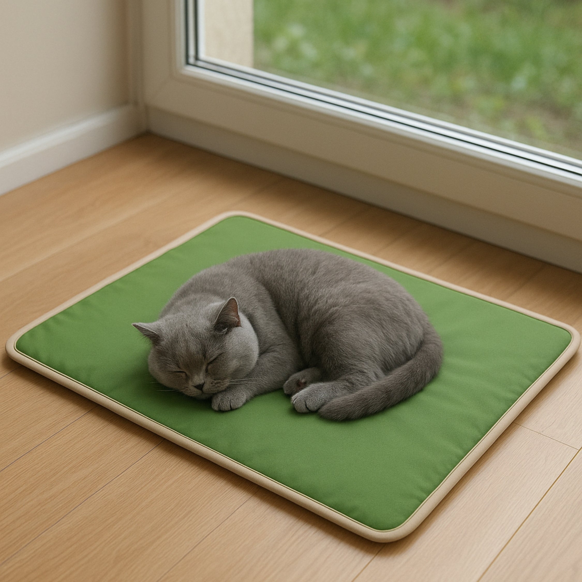 Gray cat sleeping on green pet mat by window on wooden floor