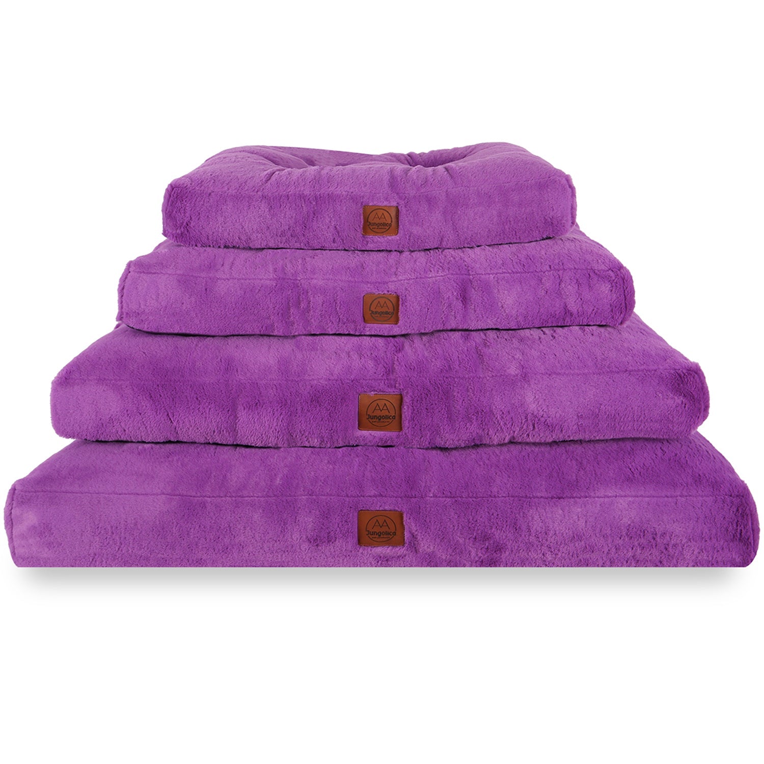 Stack of four plush purple pet beds in varying sizes on white background