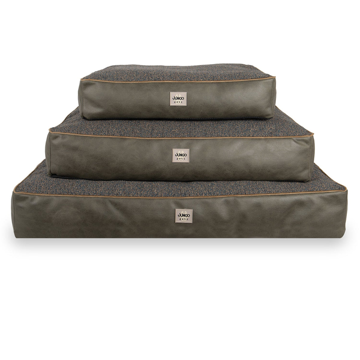 Stacked green rectangular pet beds with textured tops and logo tags, three different sizes