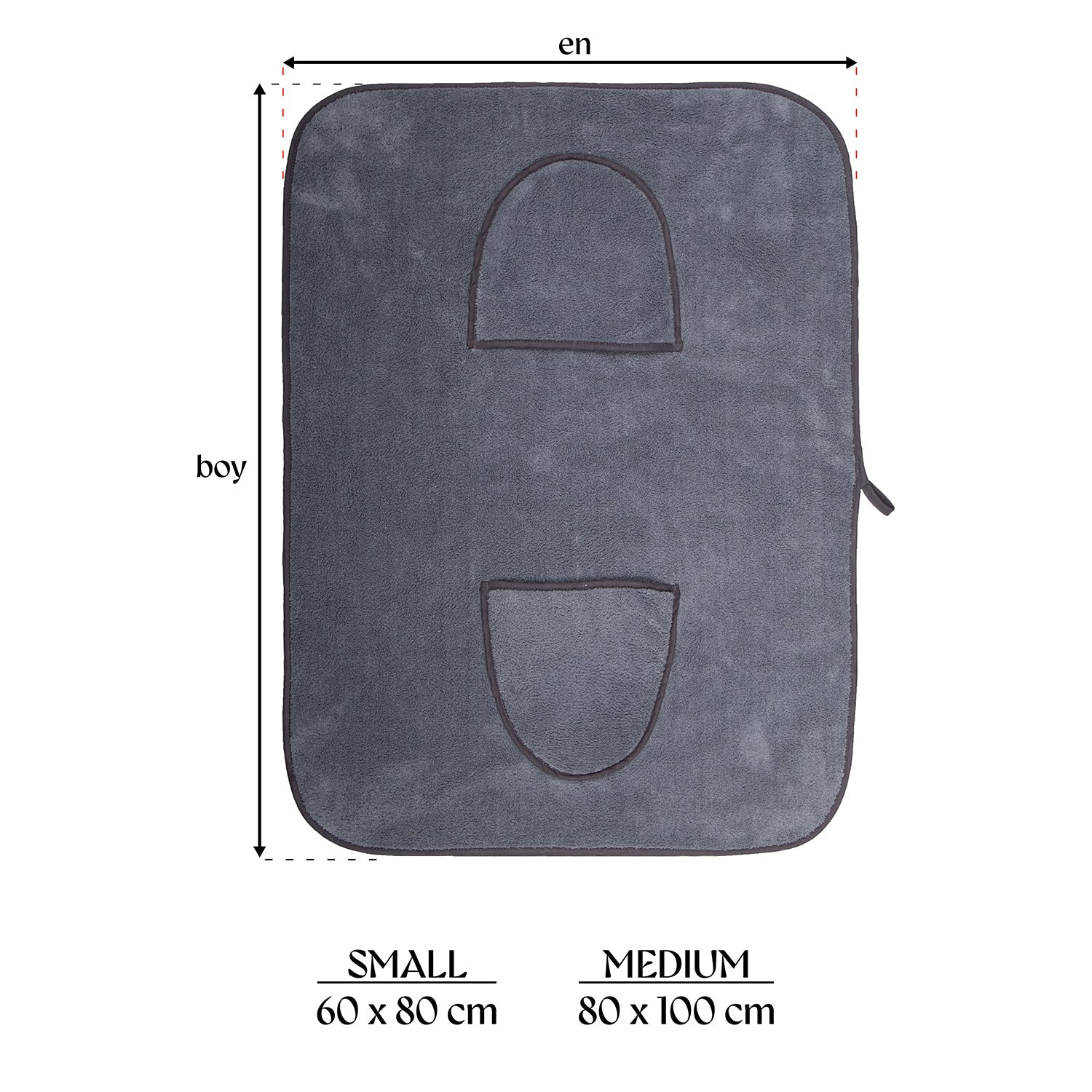 Gray microfiber towel with two hand pockets, shown in small and medium sizes with dimensions.