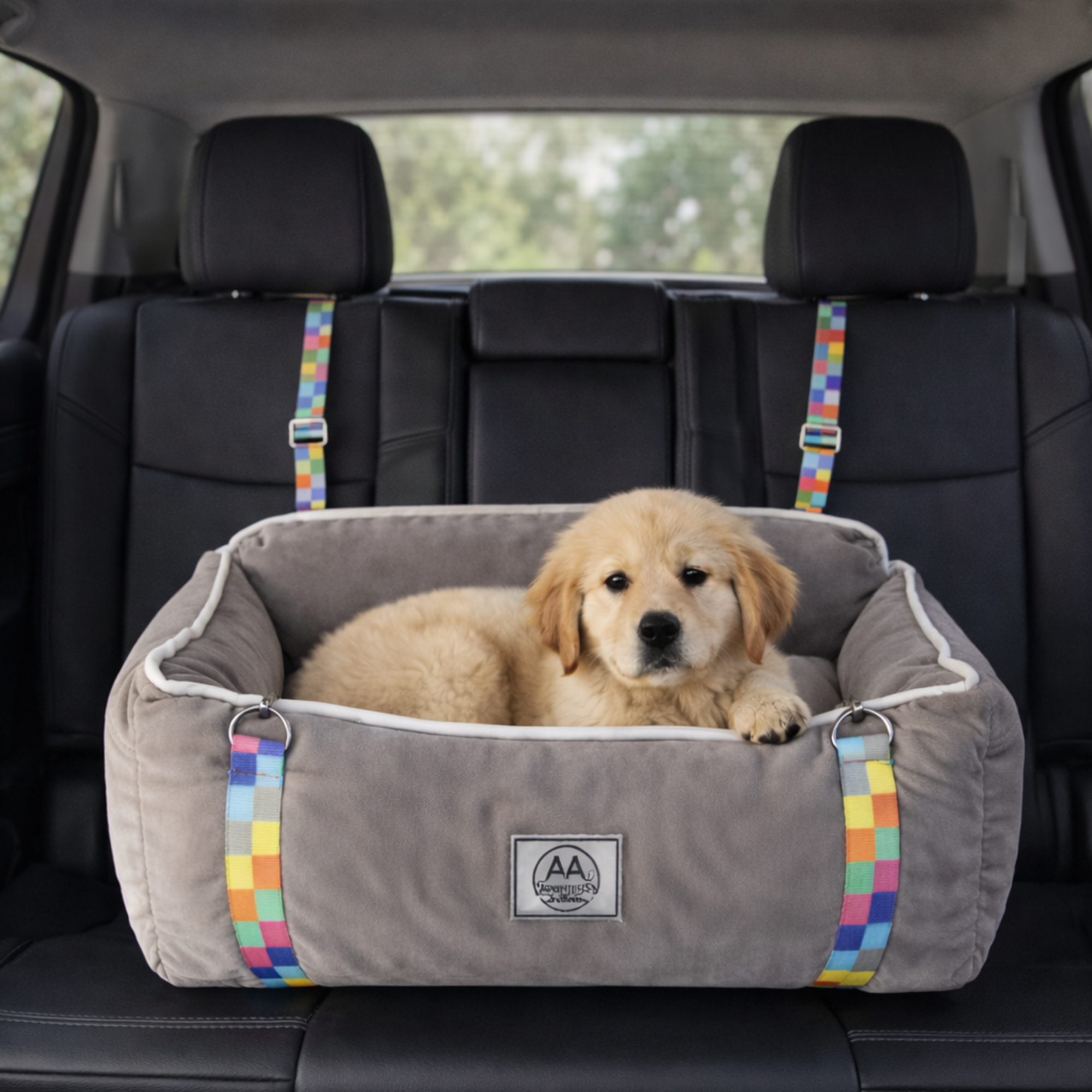 Golden retriever puppy in a gray pet car seat with colorful safety straps on black leather seats
