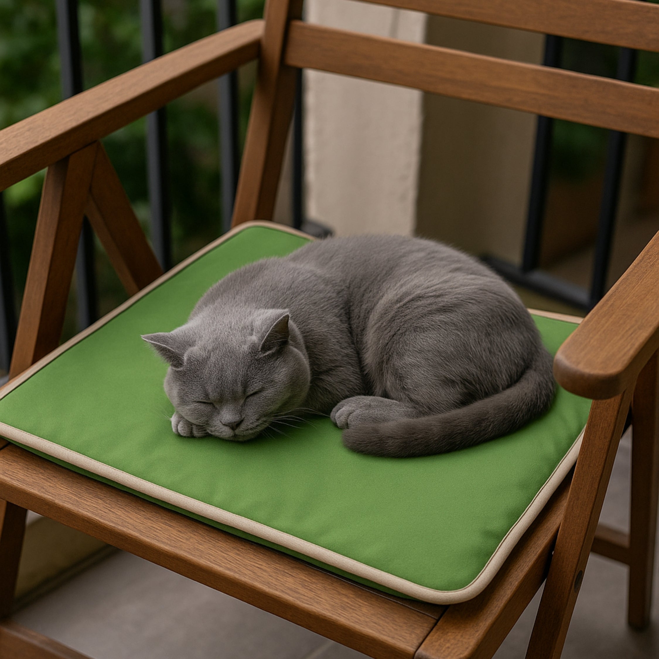 Gray cat sleeping on green outdoor seat cushion on wooden chair