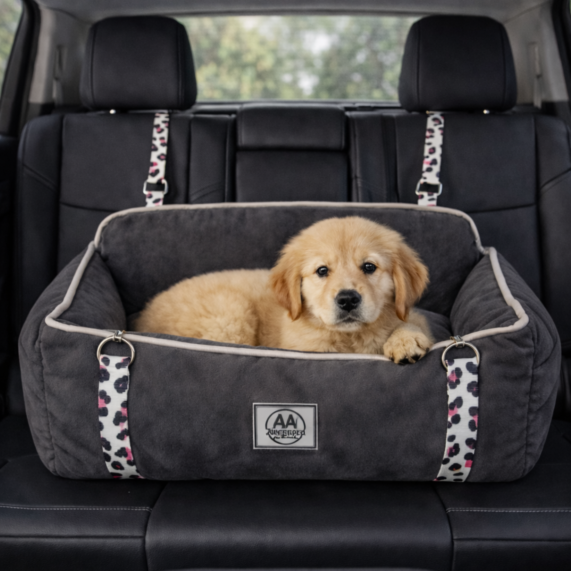 Golden retriever puppy in a plush car seat pet bed with safety straps on black car seat