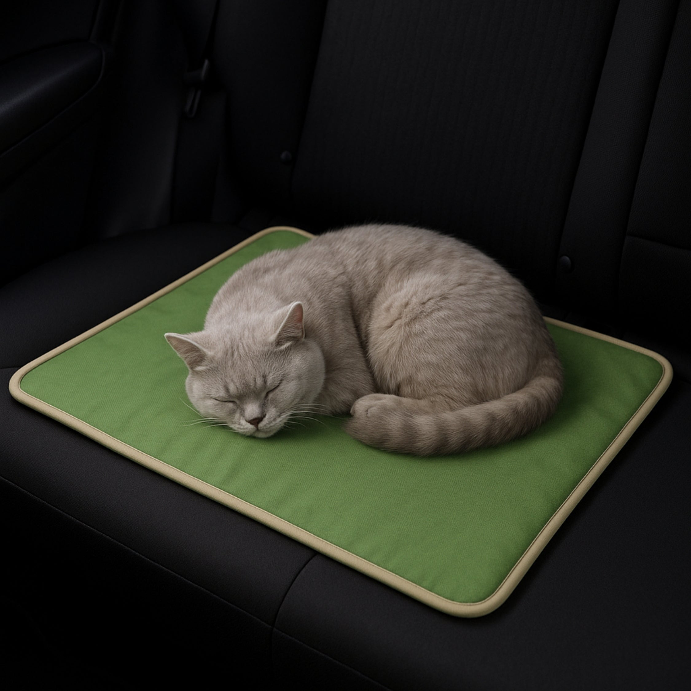 Light gray cat sleeping on a green pet mat on a car seat