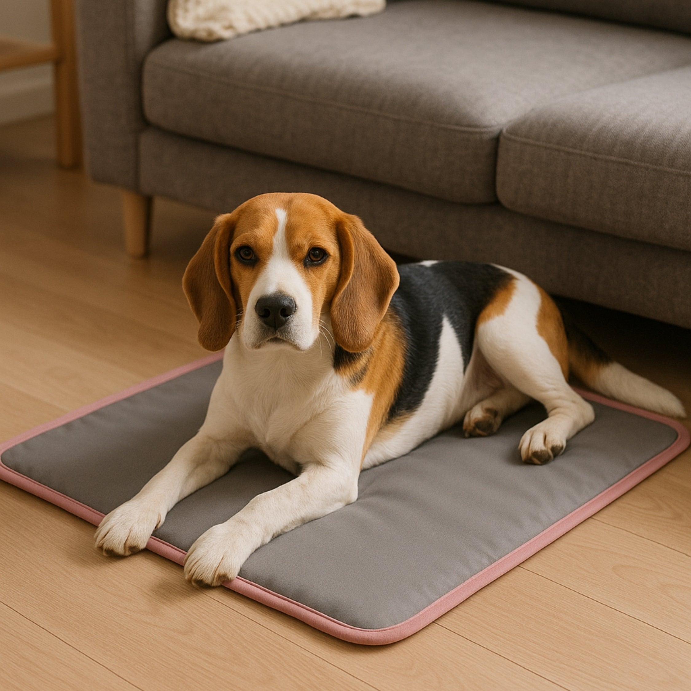 Beagle dog lying on a grey pet mat with pink trim on wooden floor by a sofa