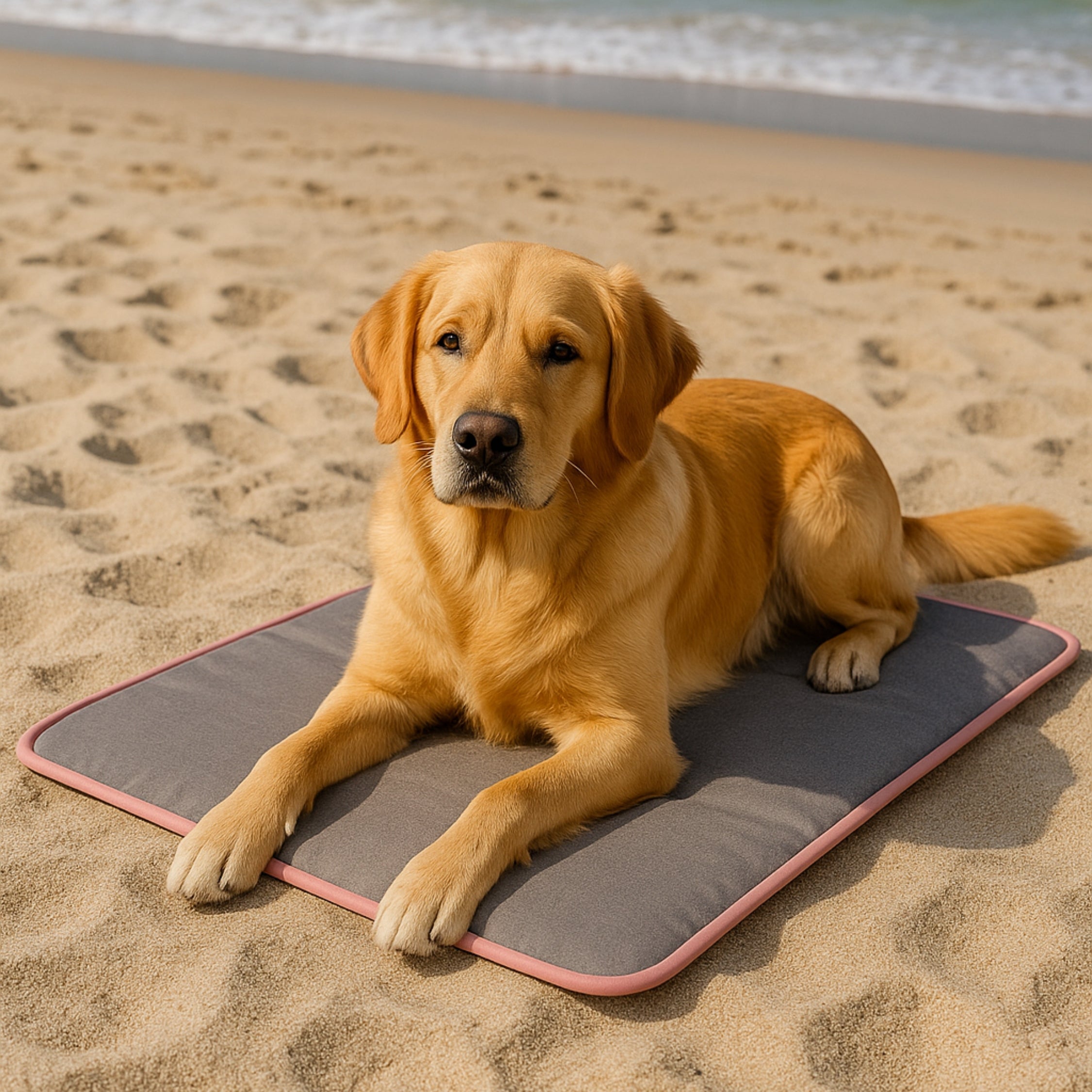 Golden retriever lying on a gray pet mat with pink trim on sandy beach near the ocean