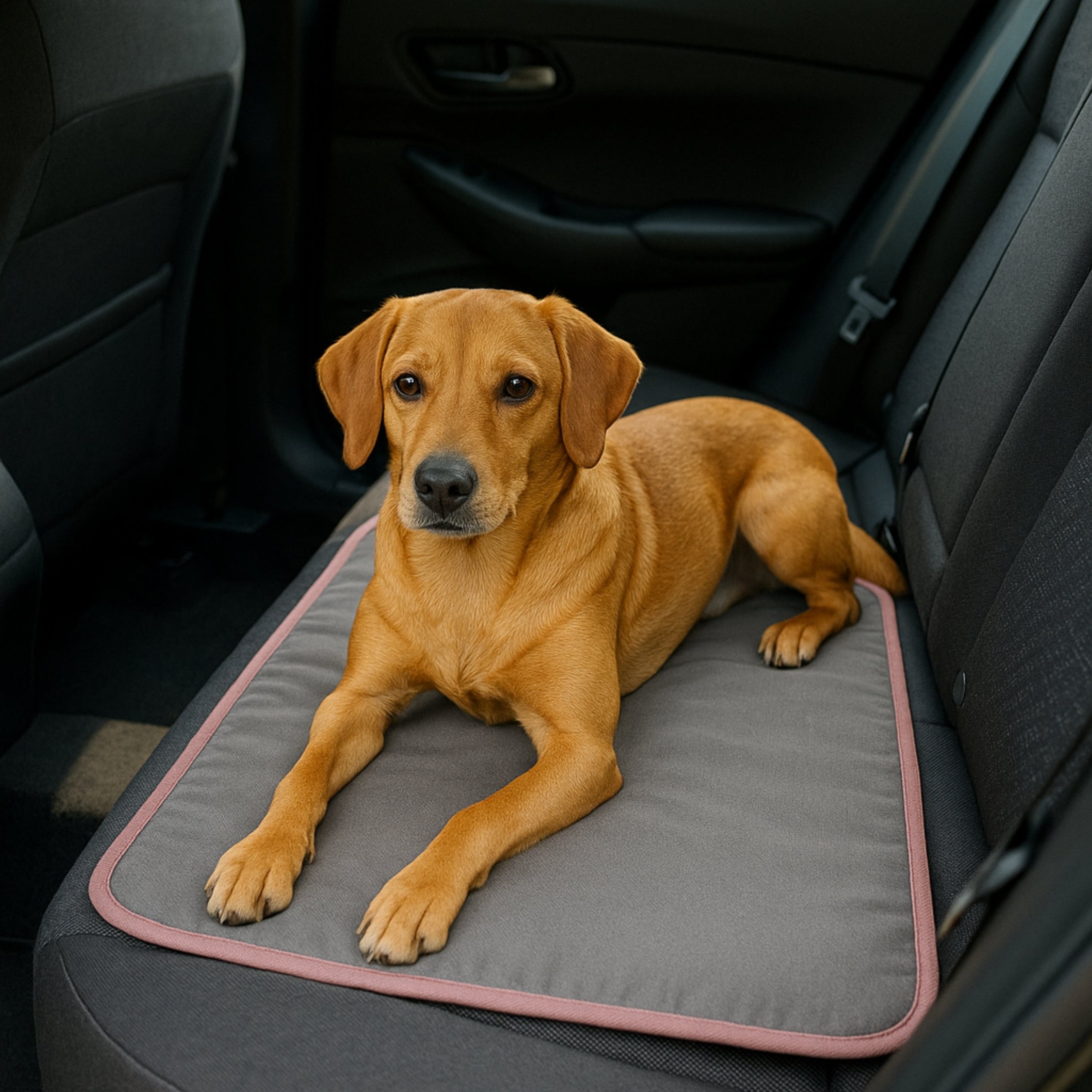 Brown dog lying on a gray pet car seat cover in the backseat of a vehicle