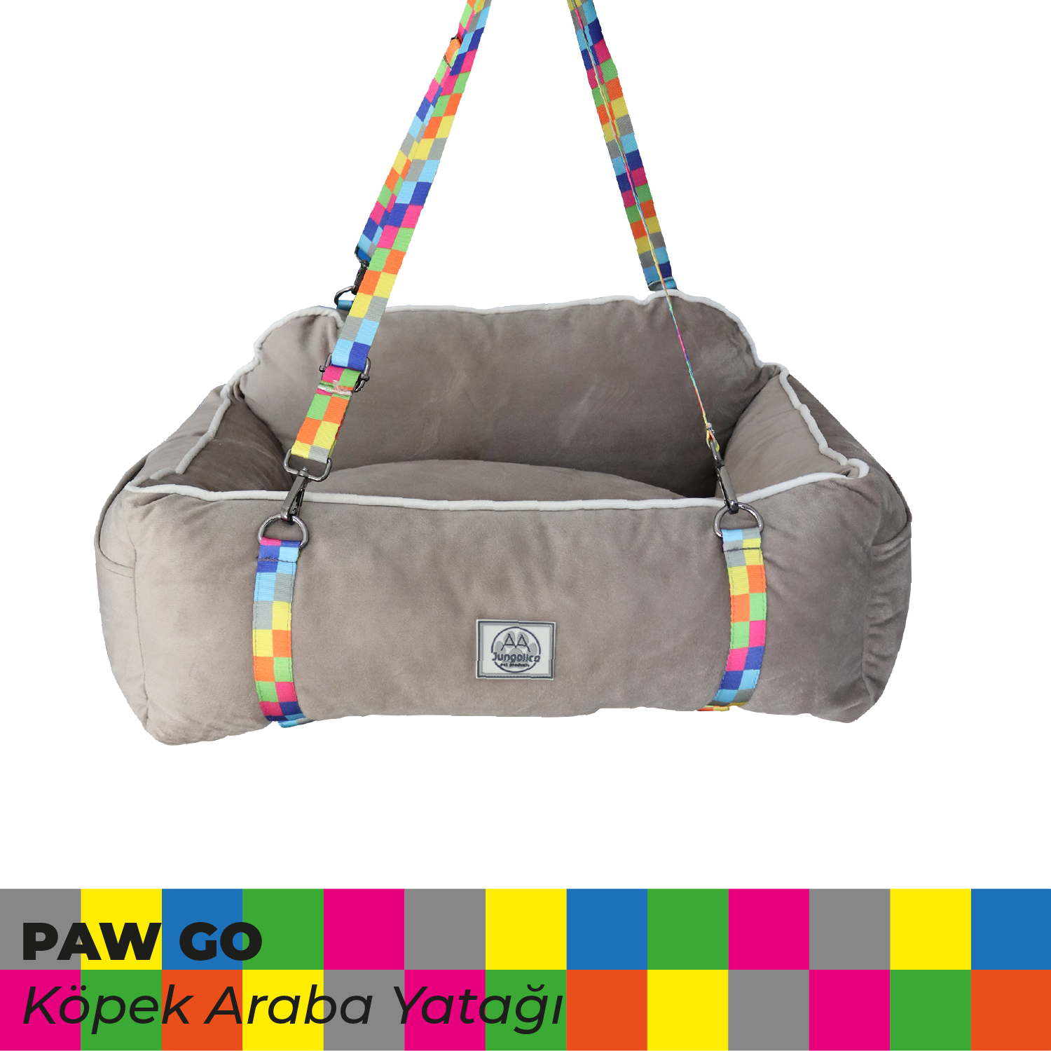 Gray dog car bed with colorful straps, soft cushioned sides, isolated on white background.