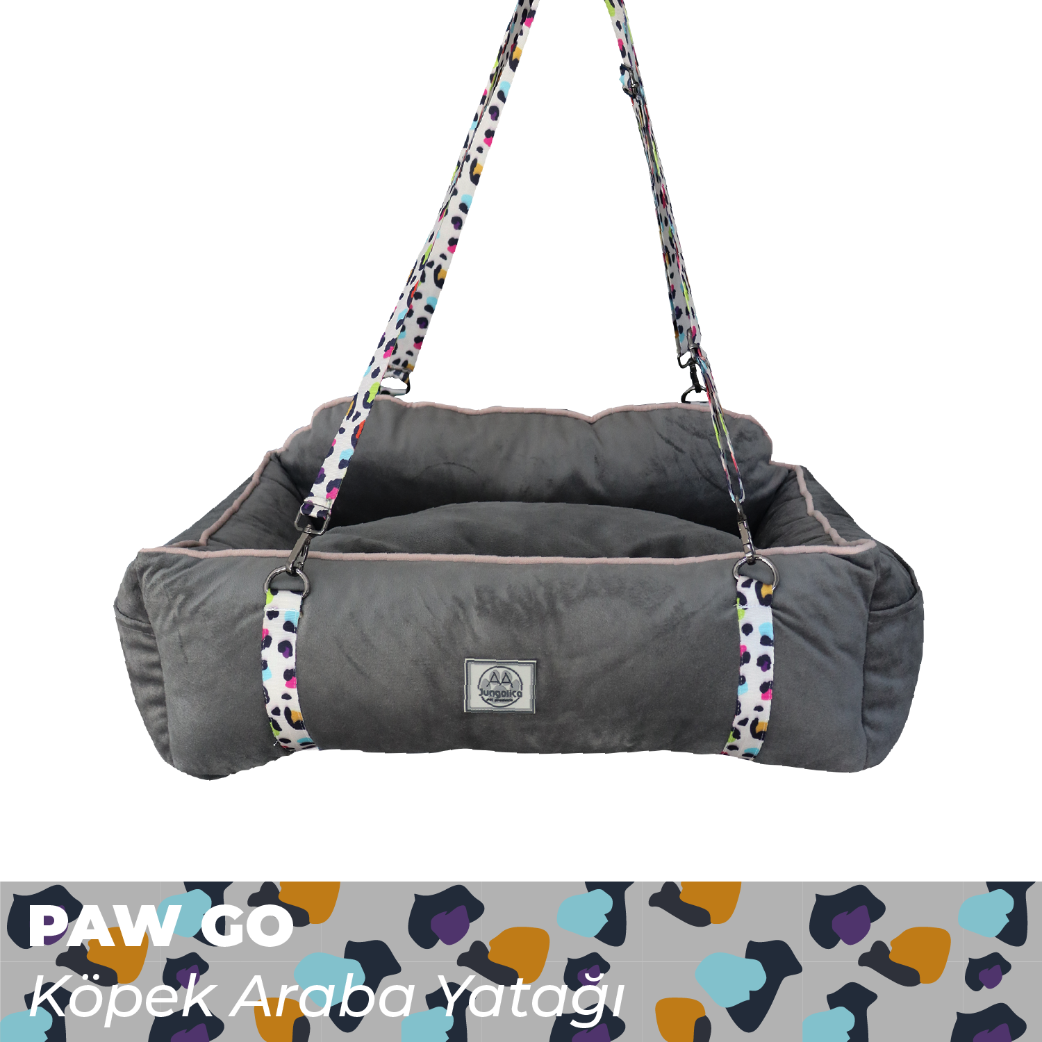 Gray dog car seat bed with colorful straps and soft plush texture, suspended for viewing.