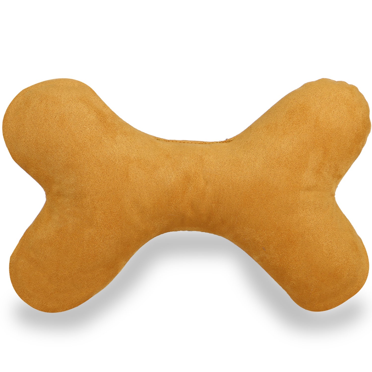 Mustard yellow bone-shaped textile cushion with soft suede texture on white background.