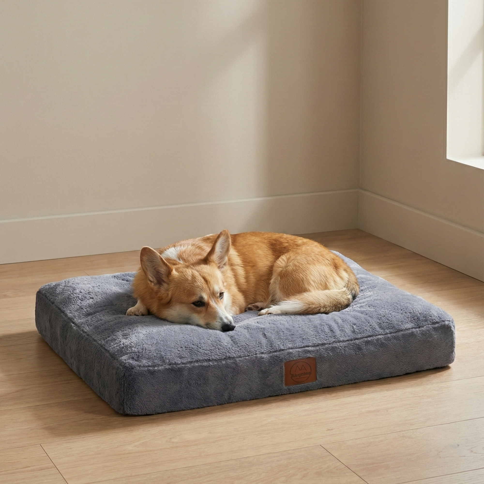 Corgi dog resting on a soft gray orthopedic pet bed in a bright room with wooden flooring