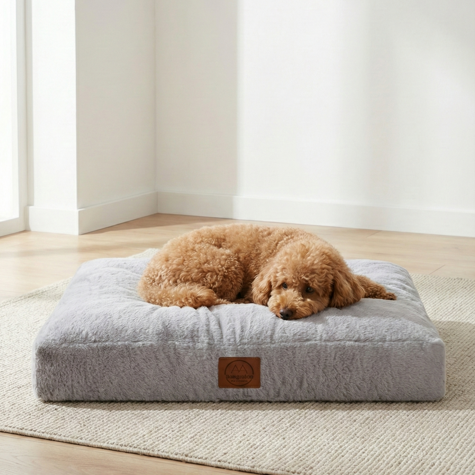 Curly brown dog resting on a plush gray dog bed in a bright, modern room