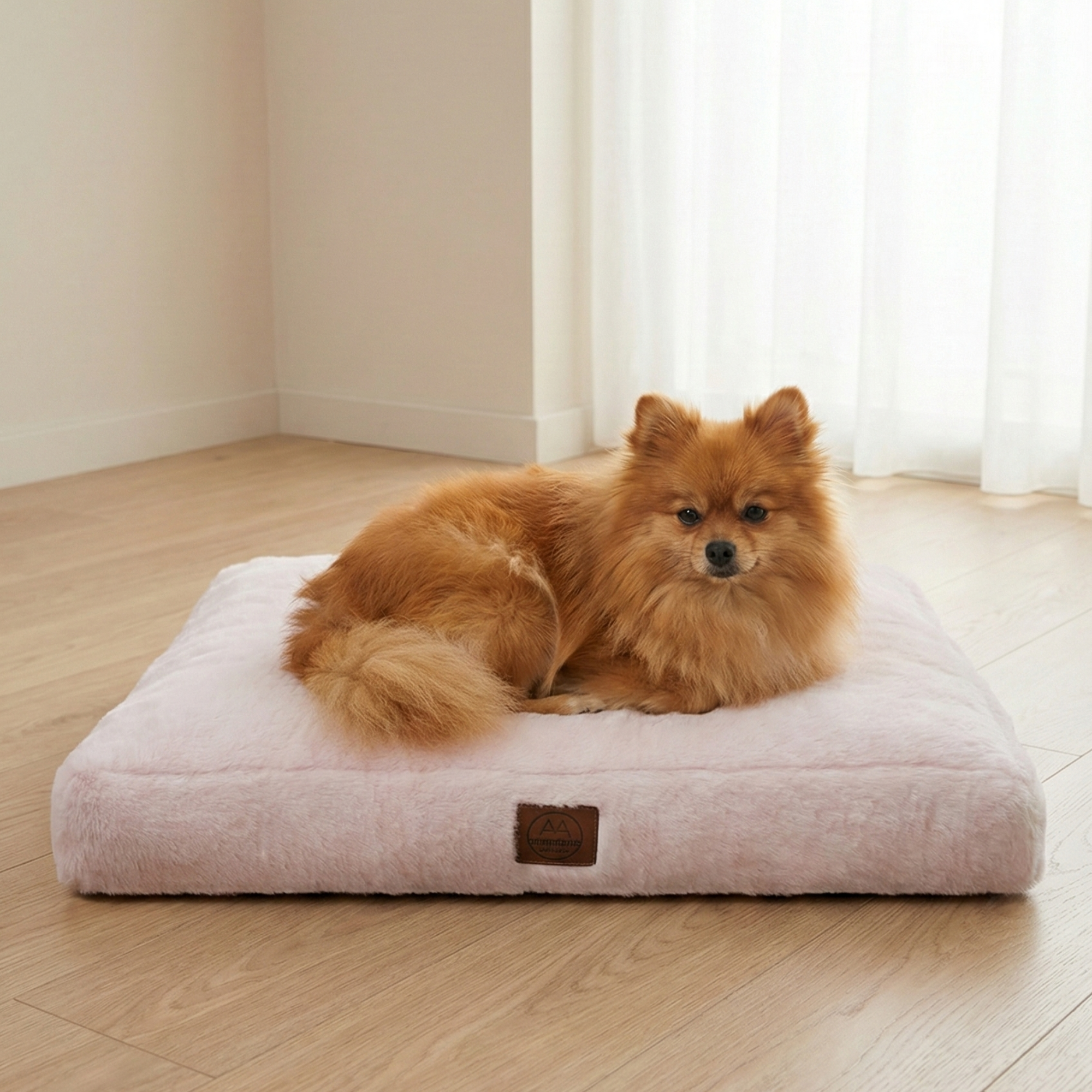 Small fluffy dog lying on a soft pink pet bed in a bright modern room