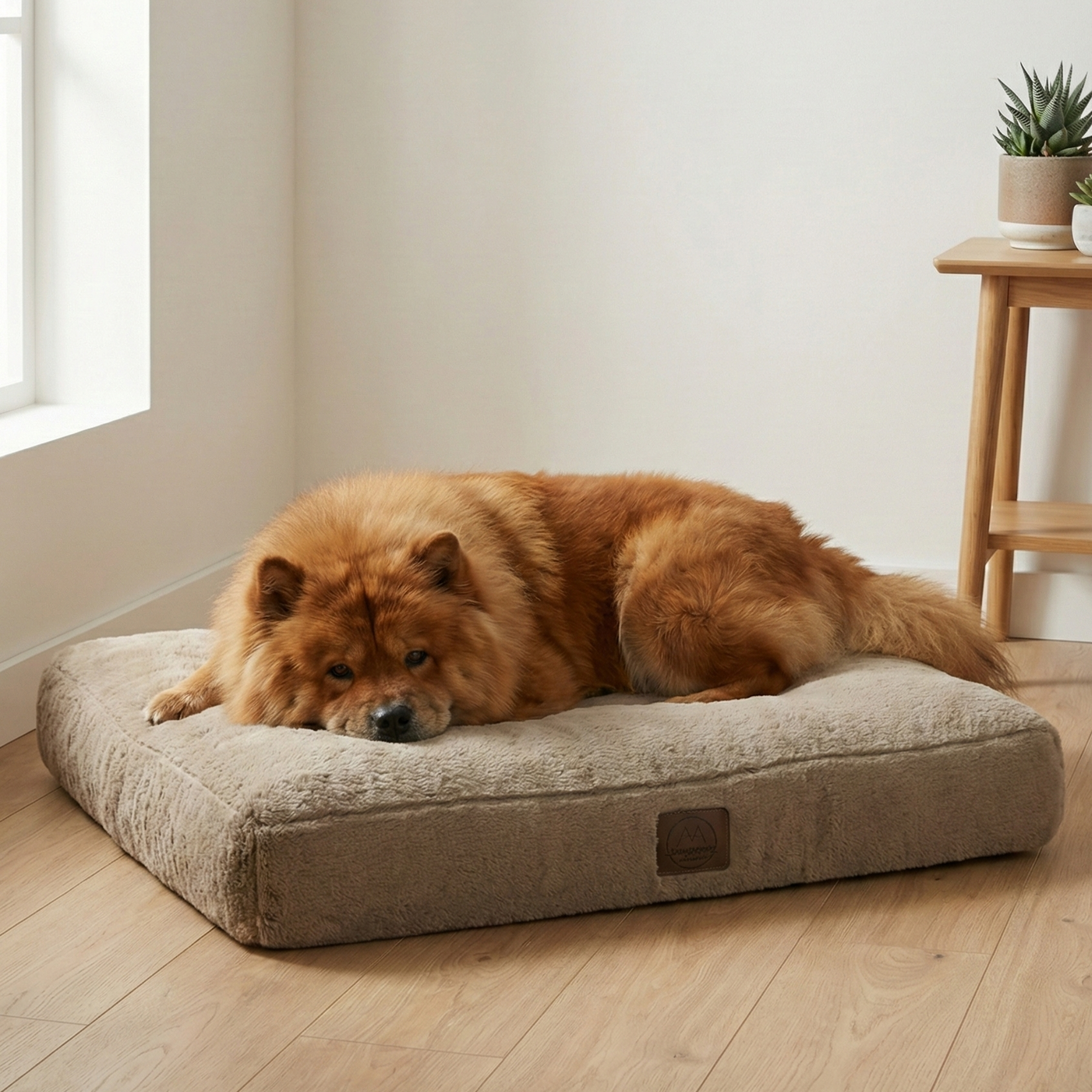 Fluffy brown dog lying on a large orthopedic pet bed in a cozy room with wooden floor