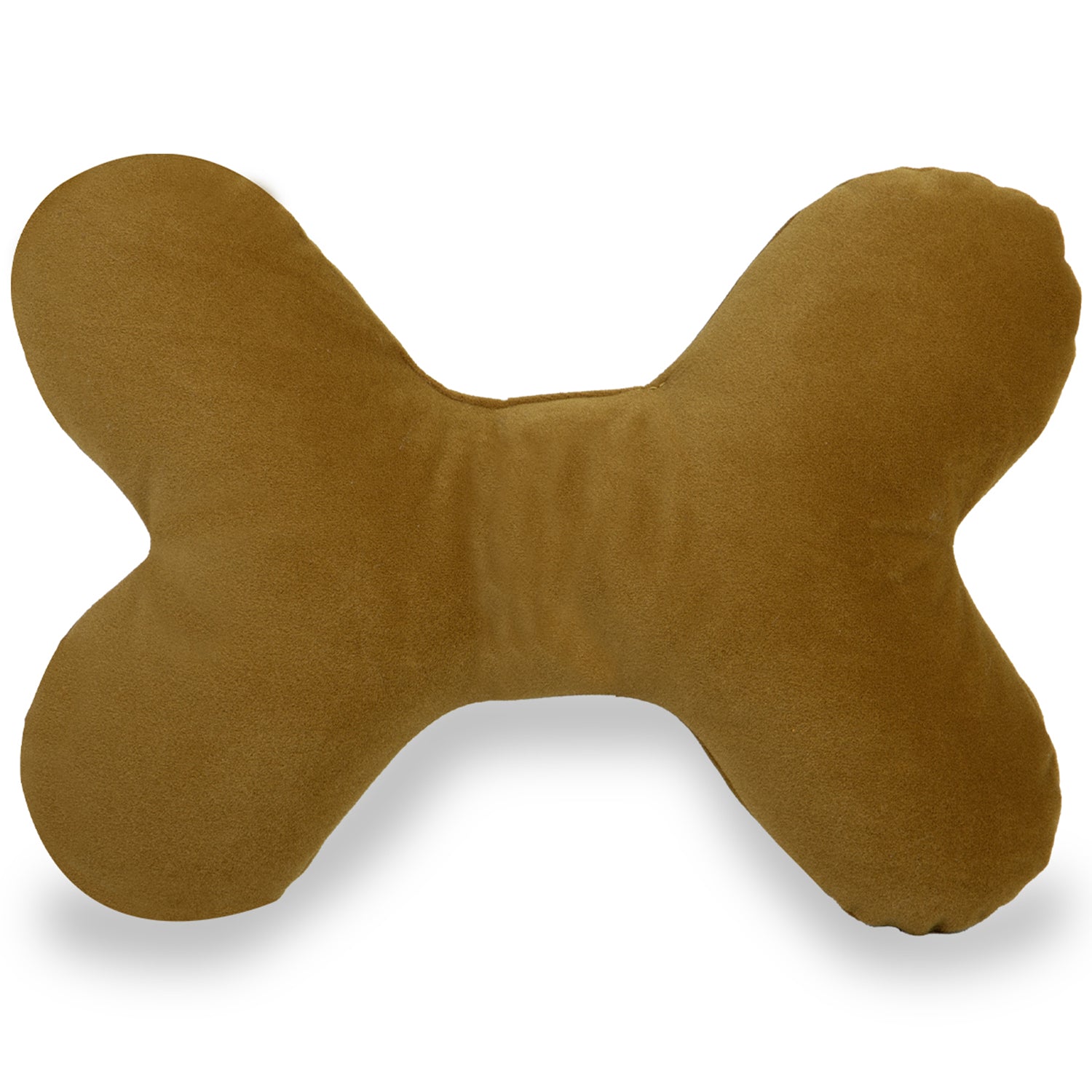 Olive green bone-shaped plush pillow on white background