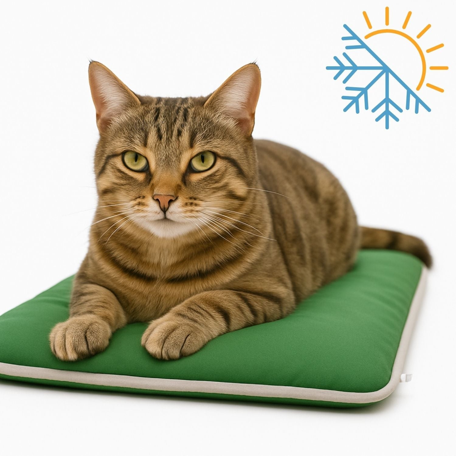 Tabby cat lying on a green thermal pet mat with sun and snowflake icon on white background