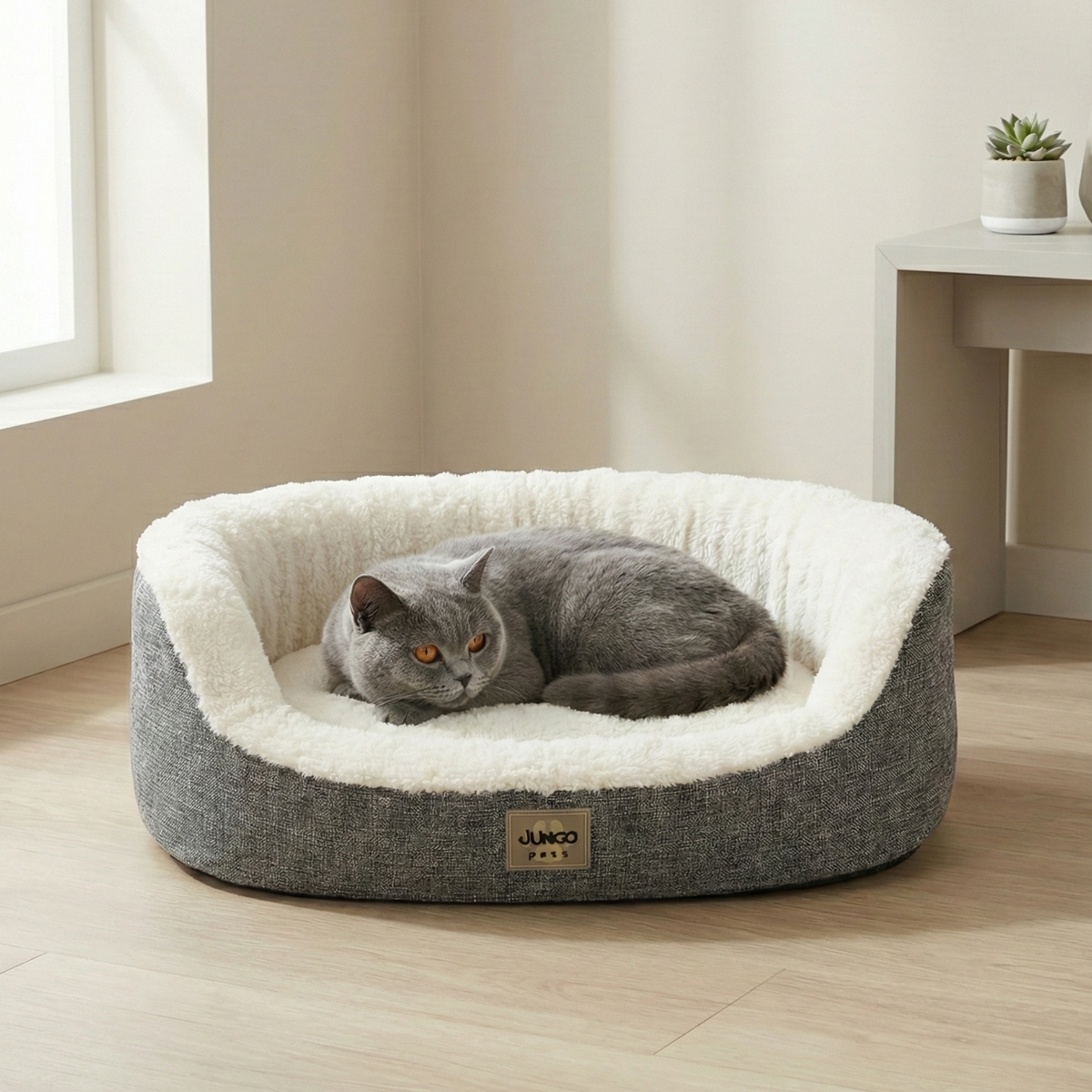Gray cat resting in a plush, round pet bed with white lining, in a modern room