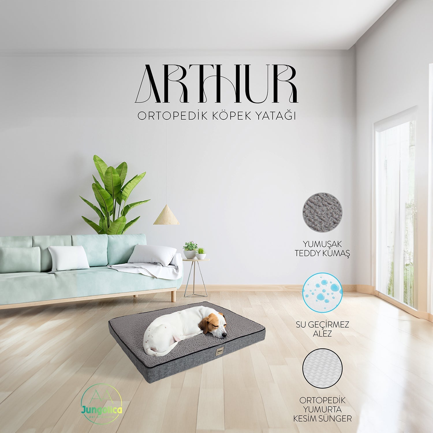 Arthur, Visco Süngerli, Çıkarılabilir Kılıflı, Su Geçirmez, Yüksek Kaliteli Kedi ve Köpek Yatağı - Jungolica Pet Products