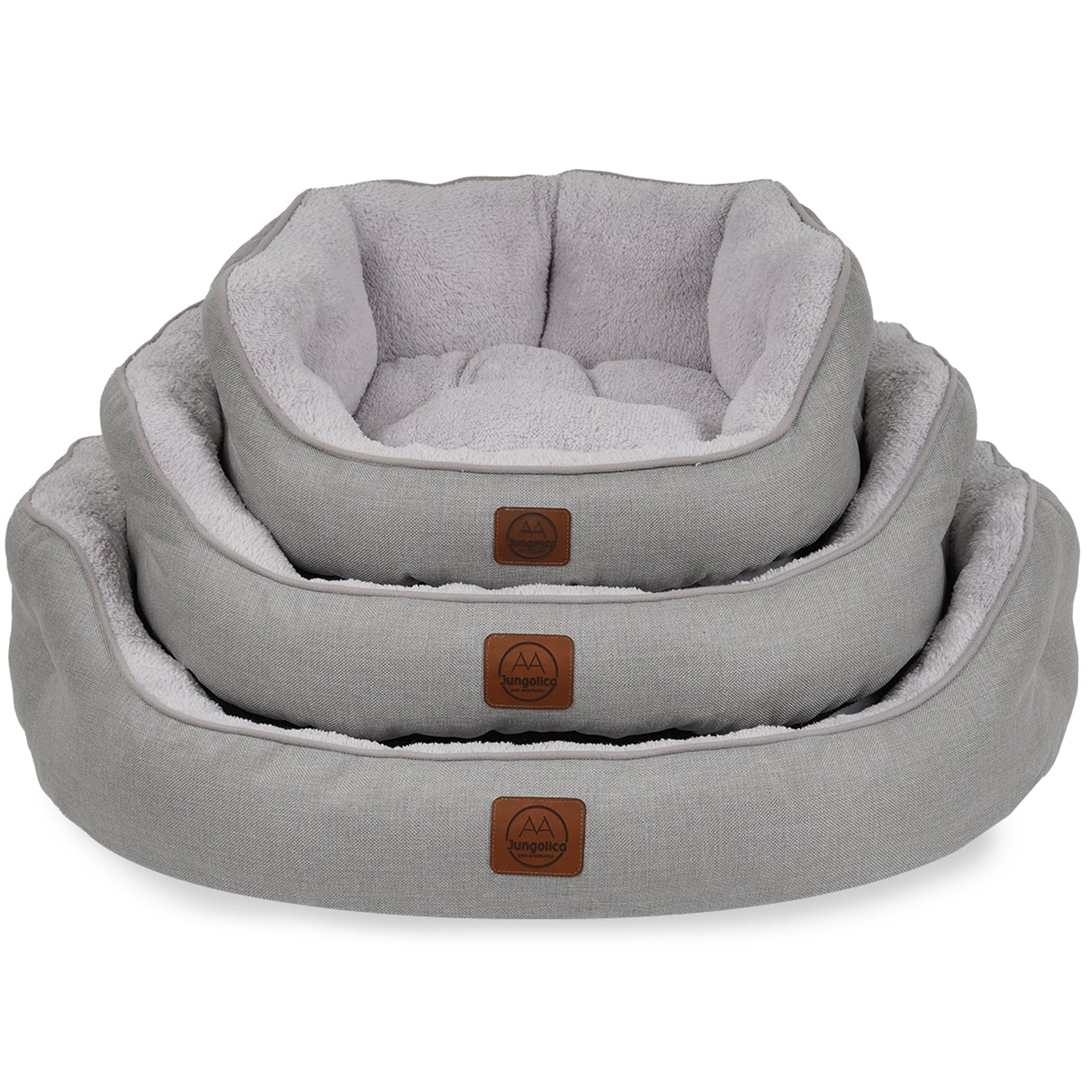 Stacked light grey pet beds with ultra soft removable cushions and non-slip bases