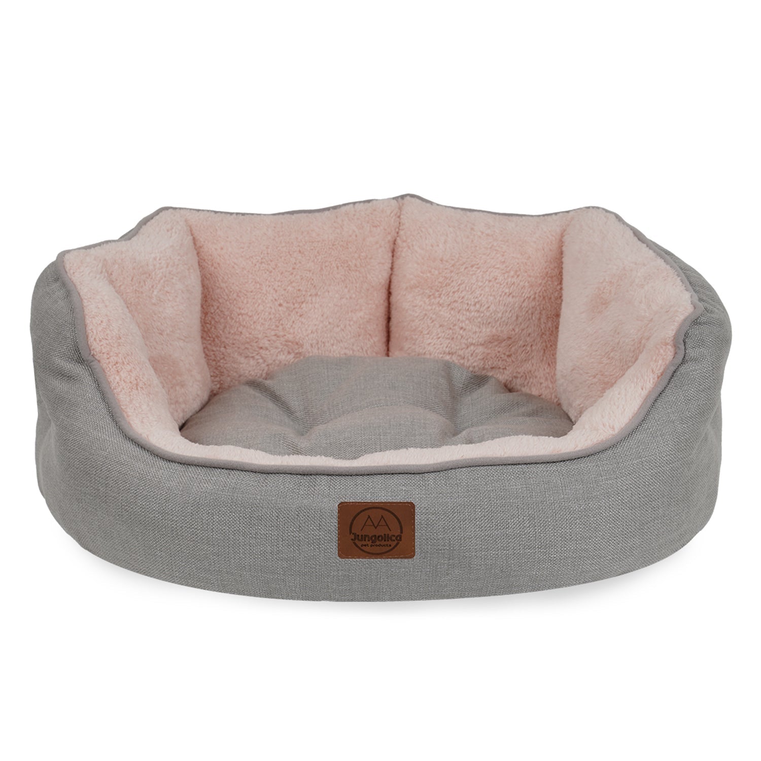 Light grey and pink ultra soft pet bed with non-slip base and plush cushion for cats or dogs